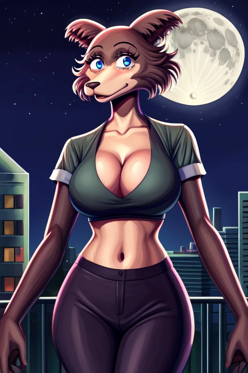 Beastars art style, beastars, Juno, brown wolf, she Wolf, 1girl, furry, long curly brown fur, slim figure, blue eyes, wide hips, Big breasts, crop top, cleavage, night time, moon