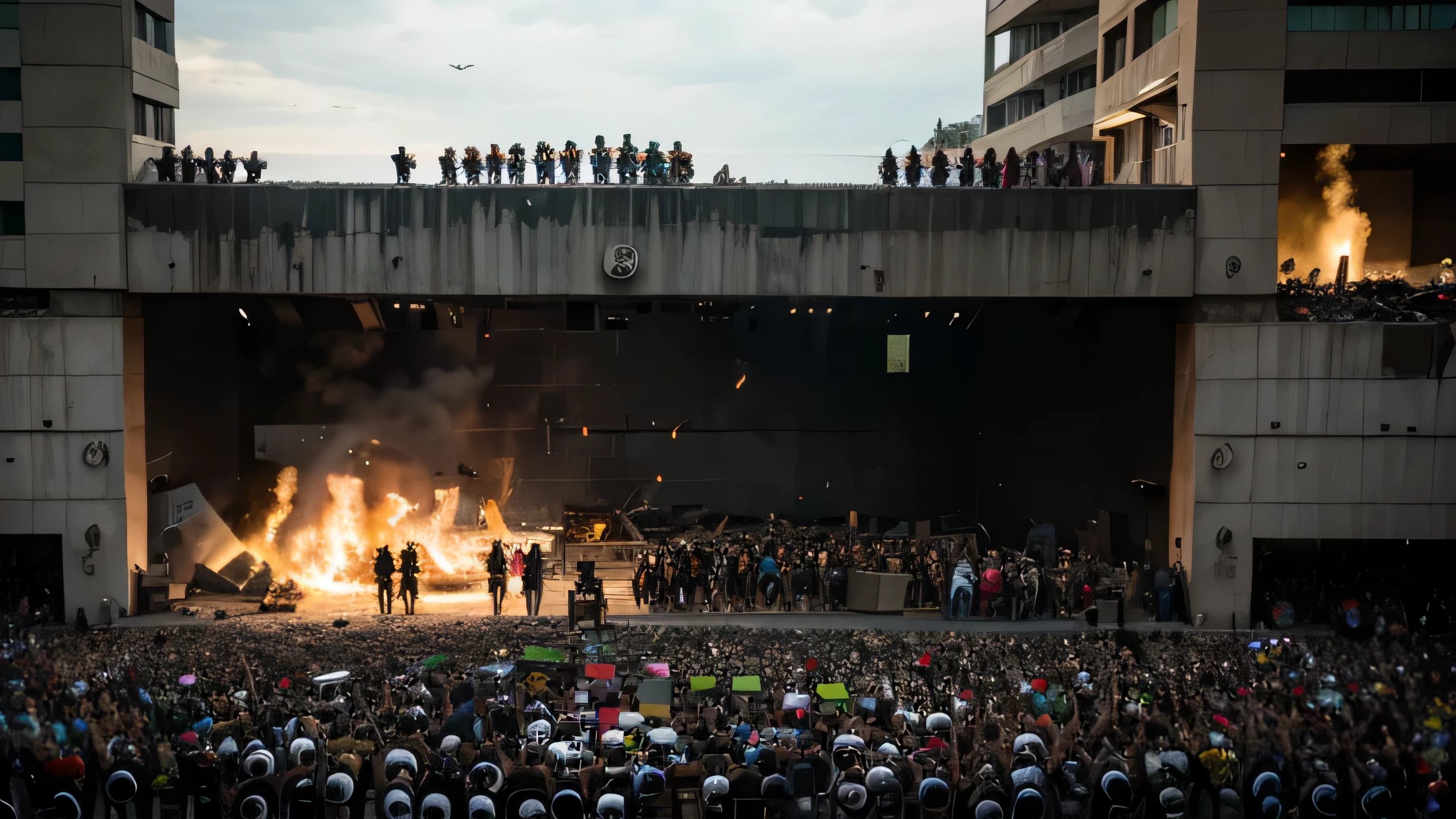 photograph of a riot, night scene, fires and gas, tear gas, smoke and flames, people throwing rocks, floodlights
