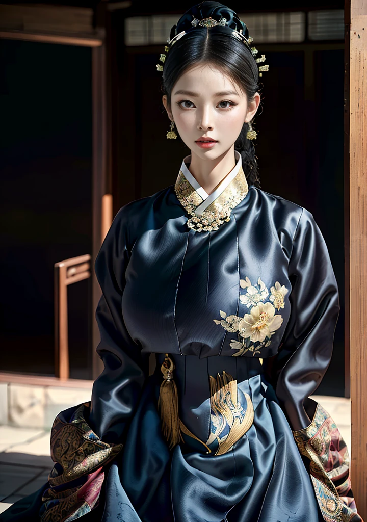 Dark Hanok, Korean classic house, Korean woman, (masterpiece), (detailed), (intricate details), (realistic, photorealistic realistic: 1.37),illustration, (super big tits:1.4),(very delicate and beautiful:1.2), very detailed, very detailed, very detailed, CG, unity, 8k wallpaper, amazing, delicate details, very detailed CG Unity 8k, very detailed, high resolution, very detailed, very detailed eyes and face, whole body, front view, (looking for a viewer:1.4), 1 girl, (21 years old), pale skin, black hair, ponytail, hairpin, part, headdress, earring, floral pattern, Han bok,