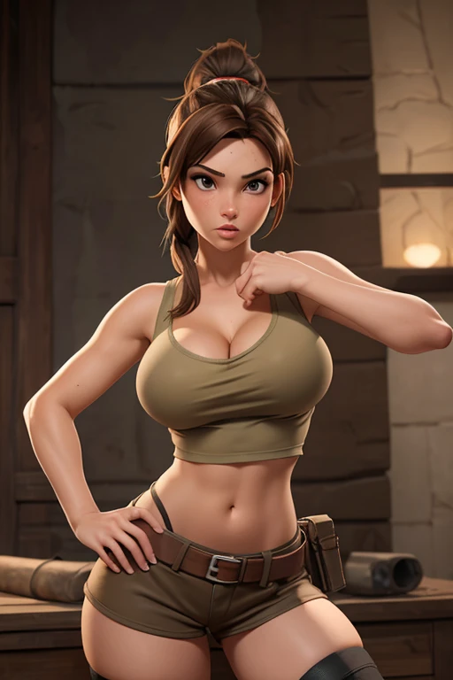 Masterpiece, perfect face, perfect legs, perfect body, perfect breasts, perfect hands, perfect fingers, perfect eyes, very huge breasts, cleavage, very short shorts, bare shoulders, tanktop, stockings, bare midriff, non-nude, brown hair, bent forward, blushing, ponytail, lara croft, tomb raider, crop top, underboob, SFW