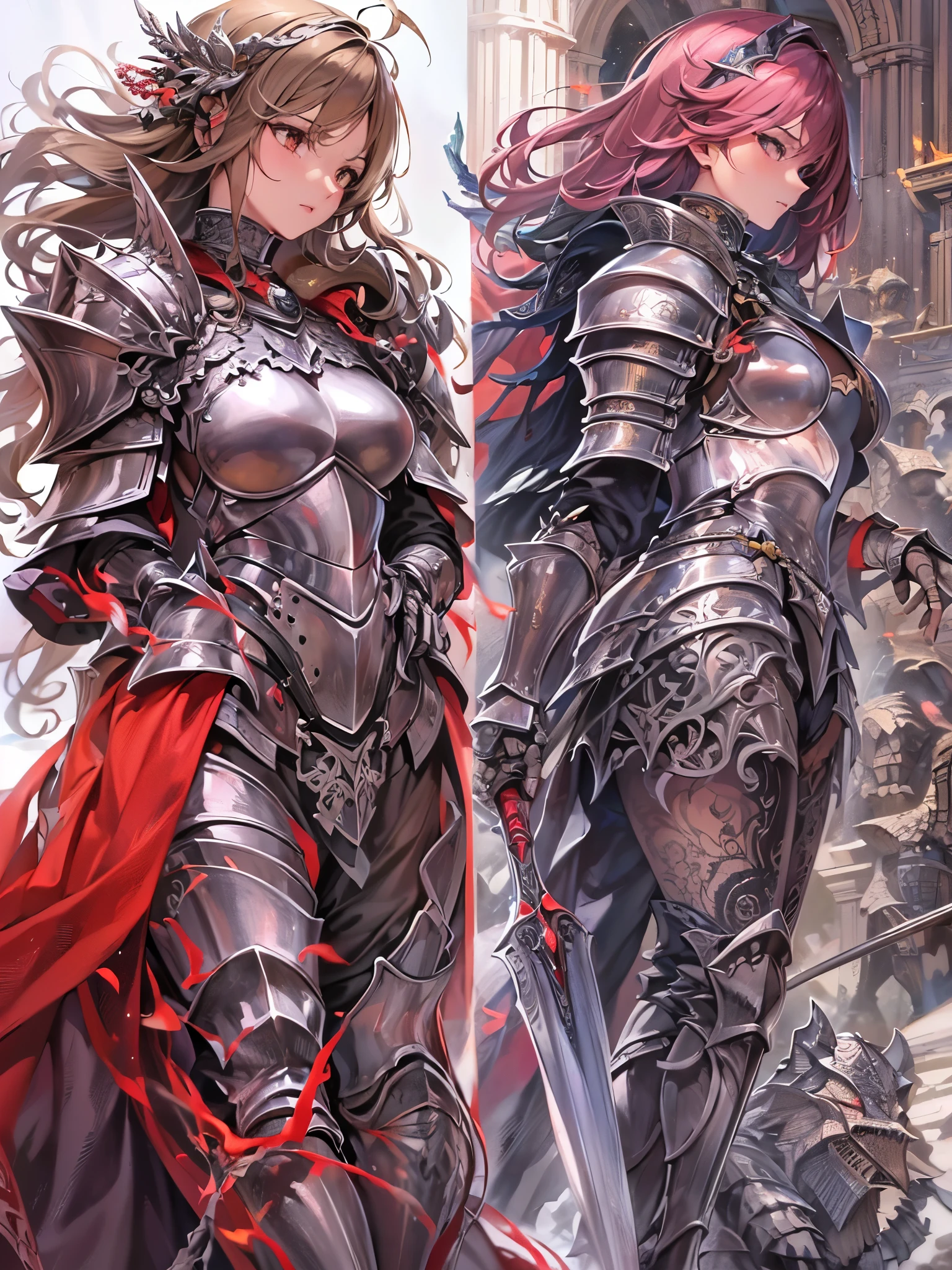 ((highest quality)),(Ultra-high resolution),(Very detailed),(Detailed Description),((The best CG)),(A masterpiece),Ultra-precise art,amazing drawing art,(Fantasy art with intricate detail:1.5), (female knight:1.5),(Intricately detailed armor:1.3), Black Kote:1.2,Red chest:1.4, Explosive Desire, Soaring female angel
