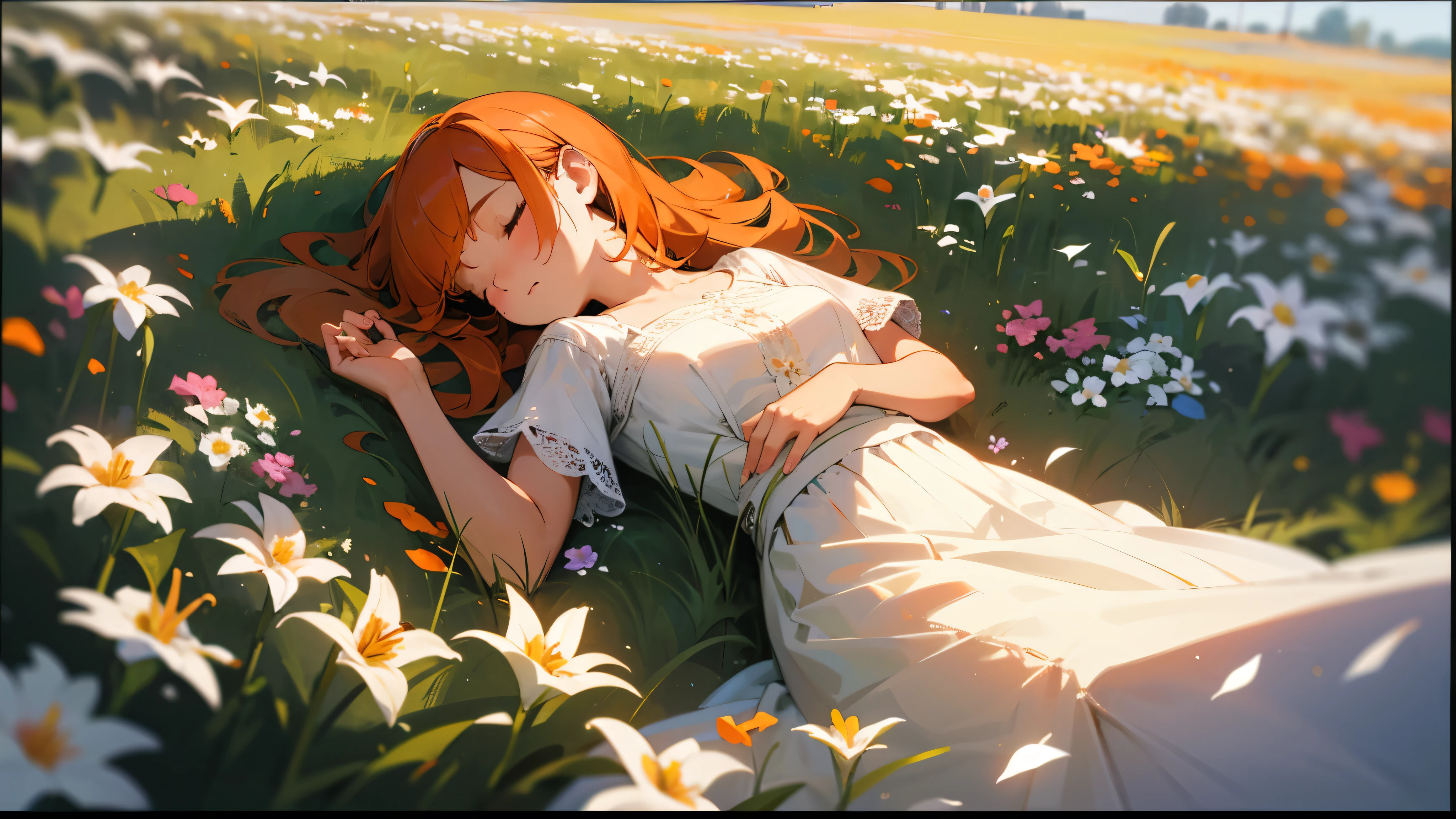 Obra maestra, mejor calidad), cinematographic composition, in mailbox, profundidad de campo, enfocarse solo, girl lying in a field of flors, Una chica con cabello naranja., The girl is sleeping with her hands open., supino, filled with flors, flor, warm lighting, Falda patchwork de crochet blanca, lirio, the girl has her eyes closed, flors scattered everywhere,flors flying everywhere,flores alrededor, girl in a bed of flors, there are a lot of flors around the girl