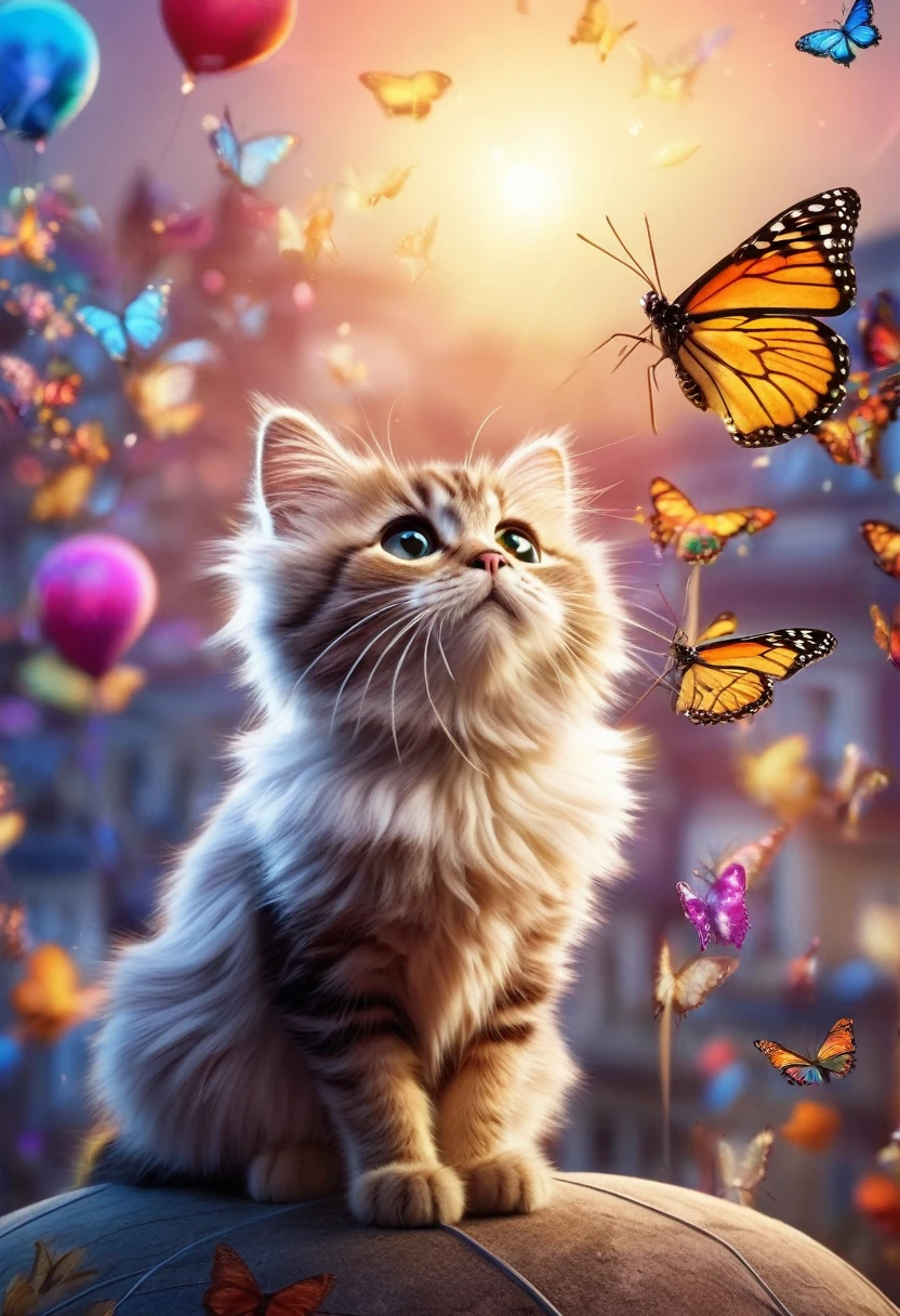 (best quality,4k,8k,highres,masterpiece:1.2),ultra-detailed,(realistic,photorealistic,photo-realistic:1.37),cute,tender,beautiful,adorable,gatito:lindo y tierno,up on a balloon,trying to catch a butterfly,enchanting magical scene,amazing atmosphere,colorful,vibrant,playful,magical lighting,soft and warm colors,magical glow,fluffy cat,curious expression,sparkling butterfly wings,dreamlike background,floating in the sky,peaceful,joyful,magical moment