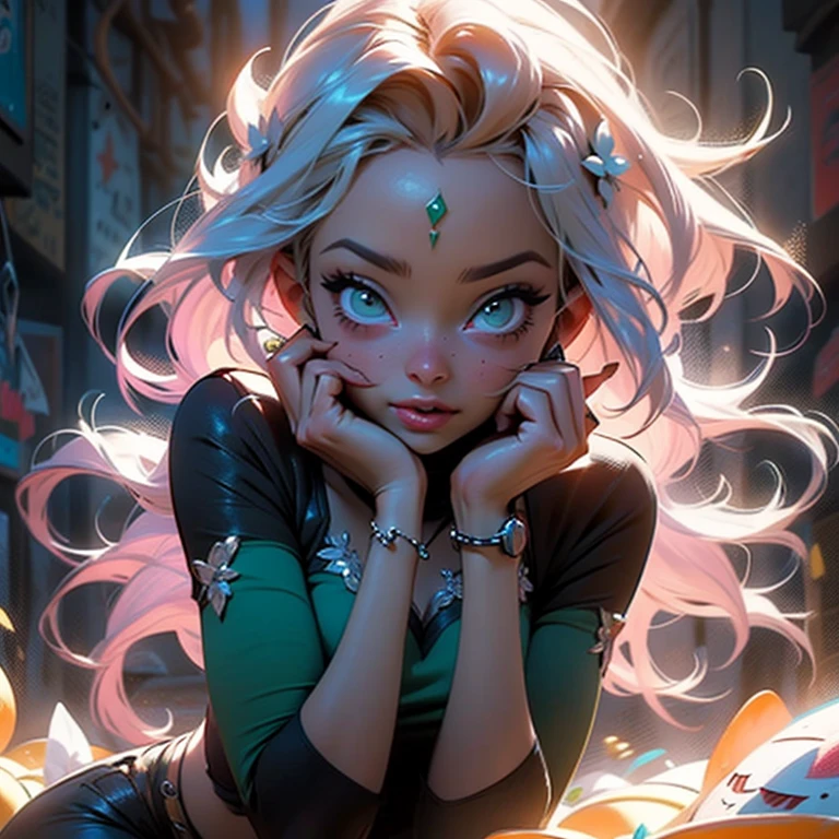 Fada think bell usando roupa curta verde, detalhes neon, fairy powder, com cena de beijo na boca com peter pan, explosion of pleasure, vibe satisfatoria, sex e 💘 😍 💌 💖 💓 💘 😍