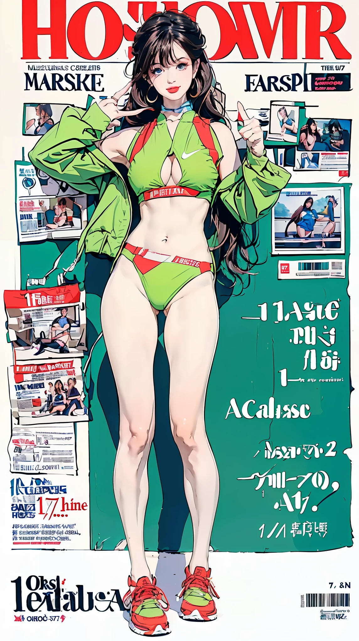 NSFW, (masterpiece:1,2, best quality), (magazine cover), (colorful Magazine cover abundant with text), vibrant, eye-catching paintings, Comic cover style, glamorous, enticing, stylish, chic, high-fashion, captivating, elegant, trendy, fashionable, radiant, attention-grabbing, dazzling, sophisticated, stunning, dramatic, bold, Featured is Sofia, a radiant figure from Los Angeles, USA, ((who embodies the essence of confidence and allure)), (((She boasts a statuesque figure, standing at 1.70 meters and weighing around 60 kilograms, epitomizing the hourglass beauty))), (Her hair is long, wavy and dyed a vibrant yellow blonde), (Her eyes are a deep brown), ((and a physique with a defined waist)), ((full hips, and perfectly round, squinching F-cup enhanced breasts)), accentuated by her sun-kissed tan skin, (((She is wearing a revealing, neon bikini top from Fashion Nova, designed to accentuate her bust and showcase her toned abs. Her matching neon sport thong from Fashion Nova highlights her shapely hips and rear))), She pairs her outfit with white Nike Air Max sneakers for comfort and style. She accessorizes with a pair of diamond stud earrings, adding a touch of glamour to her gym look, (exceptionally detailed:1.3), super finely detailed hands, ultra finely detailed fingers(((ten fingers))), (obscene posing), (((full body showcase))), (((show full body))), (no logos in the background).
