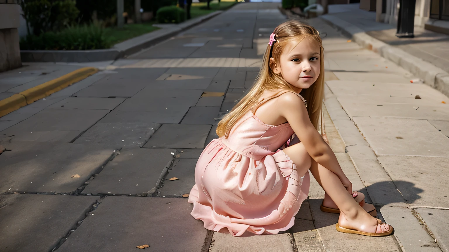 A 9--old l with golden hair and a pink dress on the sidewalk