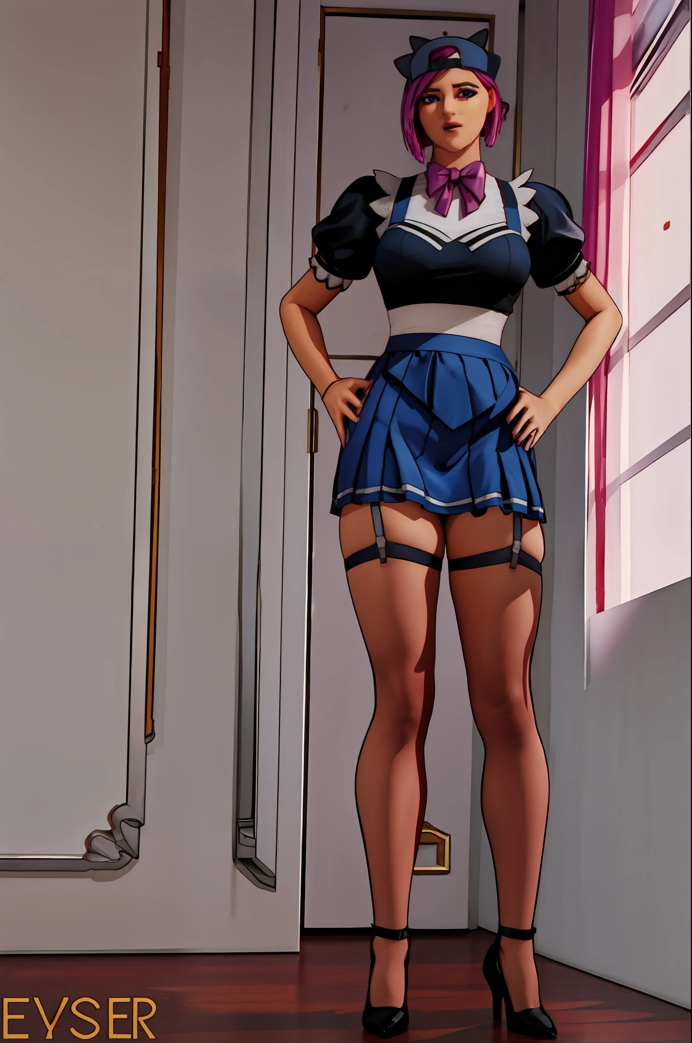 high resolution, high quality, girl, mature woman, alone, standing, (legs apart: 1.1), legs open, hands on hips, full body,
looking at the viewer, embarrassed,
pink hair short hair, blue eyes, hair ribbon
maid, maid headdress, bow tie, maid apron, black shirt, short ???? sleeves, mini skirt, white thigh highs, garter suspenders, high heels,
(curves: 1.1), big breasts,
Inside, luxury room, window, mansion