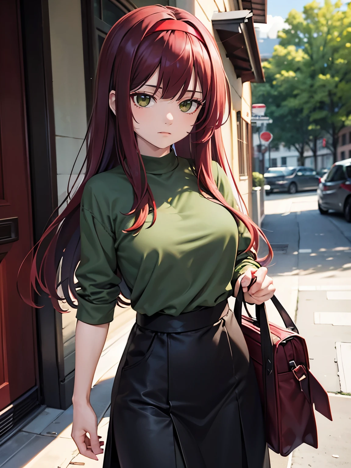 Burgundy hair, long hair, medium chest, black skirt, green shirt, black pants, light gray eyes, sharp eyes, bangs, red hairband, untucked shirt, biridere, straight face, large chest, sharp irises, white eyes, outside, day, hunter green shirt, tall, holding duffel bag