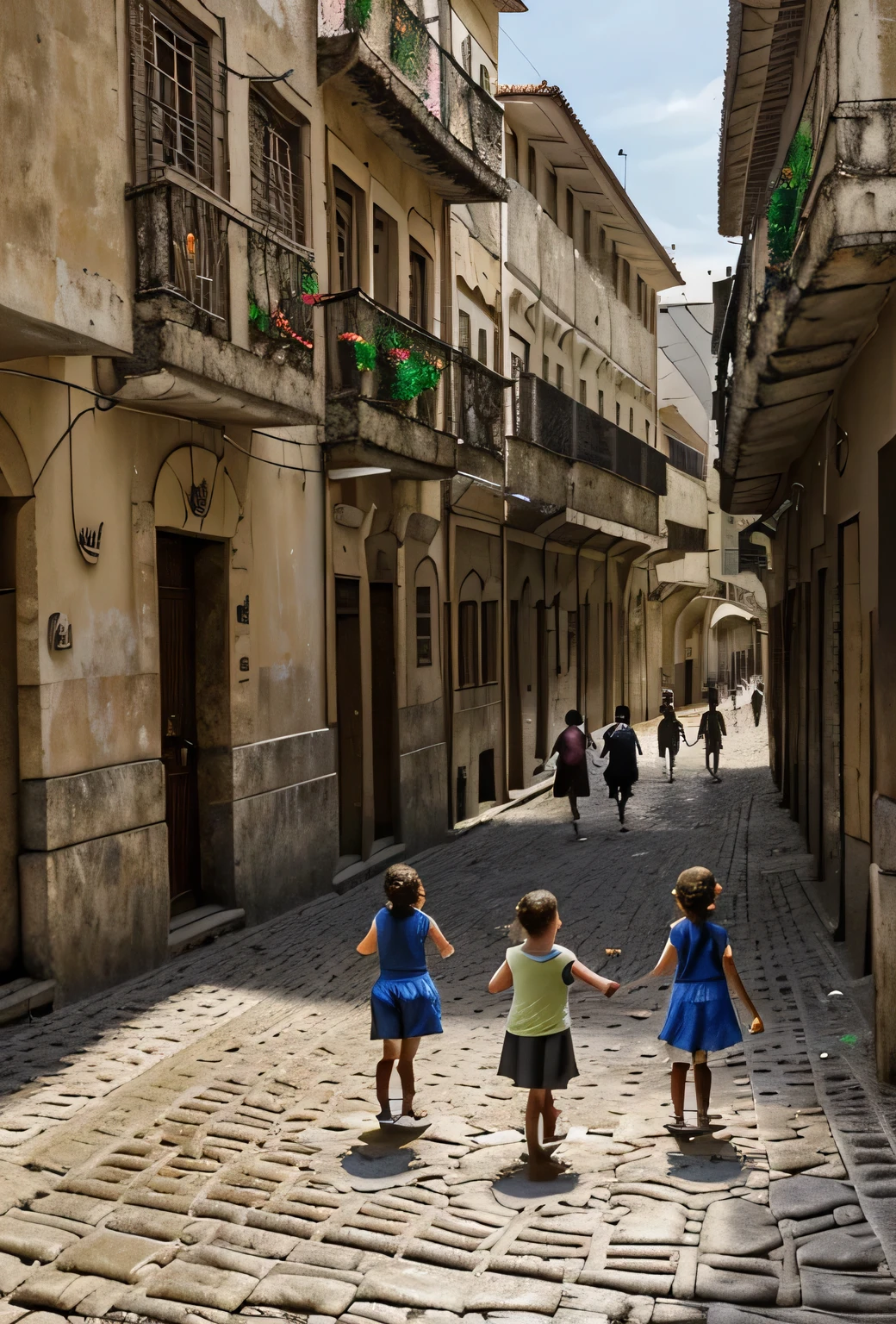"Draw a scene of children playing excitedly on a cobblestone street, typical of the interior of the State of São Paulo in the 1930s. No final da rua, destaque uma pequena capela iluminada pelo sol do meio-dia, standing out against the clear blue sky."
