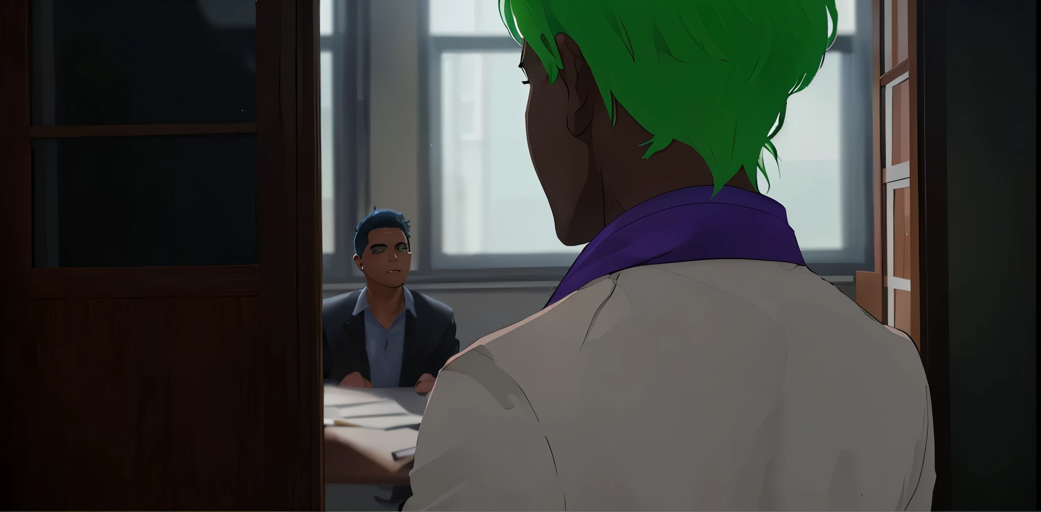 There is a young man from behind entering a meeting office, he has green hair.