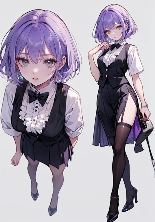 ((Perfect Face)),Purple Hair,short hair,1 female,bartender,,Black vest,((A shirt with rolled up sleeves)),skirt,slit,High heels,((Simple Background)),((smile)),((full body)),((Full Body)),Character portrait,Character Sheet,upright,