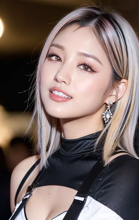 ((Best quality, 8k, Masterpiece :1.3)), Sharp focus :1.2, realistic cute KPop girl Korean. Rose. big joyful smile with showing teeth,Rose. 22 years old. body. slim. thin. Captivating. ((jucy strawberry lips, rosy checks, smoky eyeshadow, winged eyeliner)) hair over one eye, long choppy layers framing face,  Two-Tier Inverted short-haired, multicolored hair: black and white streak hair, two-tone hair, black and white hair, with a flashy gyaru-inspired high neck tight cropped top, off shoulder white and yellow jacket with black ribbons and detached sleeves, numerous piercings ,chocker, nailpolish, fingerless gloves,Also show your ears. In front of the camera. Ear texture. Ear hole details. Realistic. Close-up Shot of Ear. At close range. Shot from the side. In the room_ mix4, 20d, solo, photo-realistic:1.37
