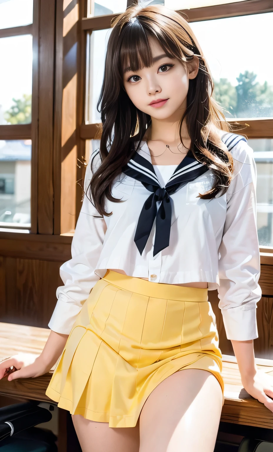 (8k, RAW Photos, Realistic:1.25) ,( Lip gloss, eyelash, Shining Face, Glowing Skin, highest quality, Ultra-high resolution, Written boundary depth, chromatic aberration, Caustics, Wide-area lighting, Natural Shading,K-POPアイドル) She looks calmly at the viewer., Happiness like a goddess., High school classroom, Sailor suit, mini skirt