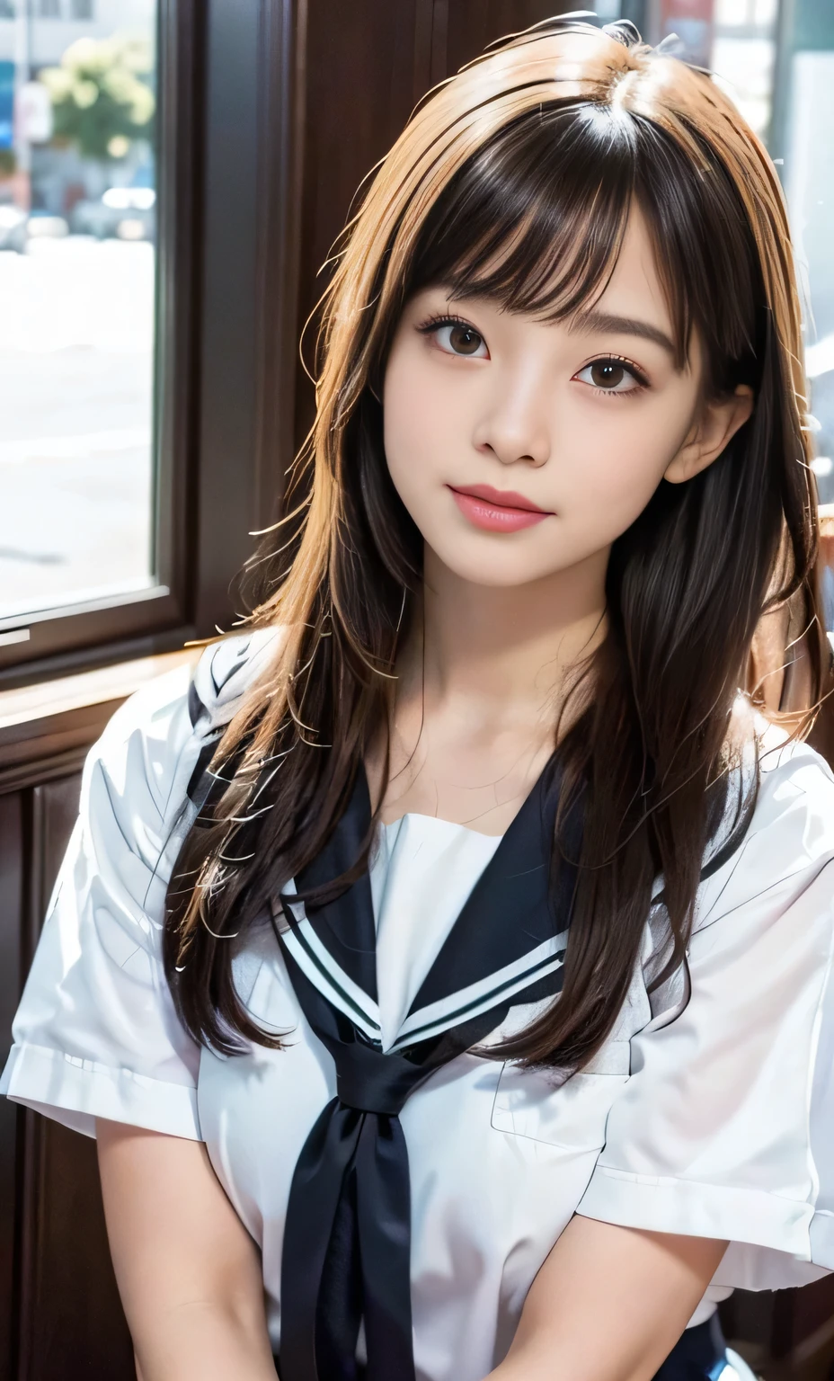 (8k, RAW Photos, Realistic:1.25) ,( Lip gloss, eyelash, Shining Face, Glowing Skin, highest quality, Ultra-high resolution, Written boundary depth, chromatic aberration, Caustics, Wide-area lighting, Natural Shading,K-POPアイドル) She looks calmly at the viewer., Happiness like a goddess., High school classroom, Sailor suit, mini skirt