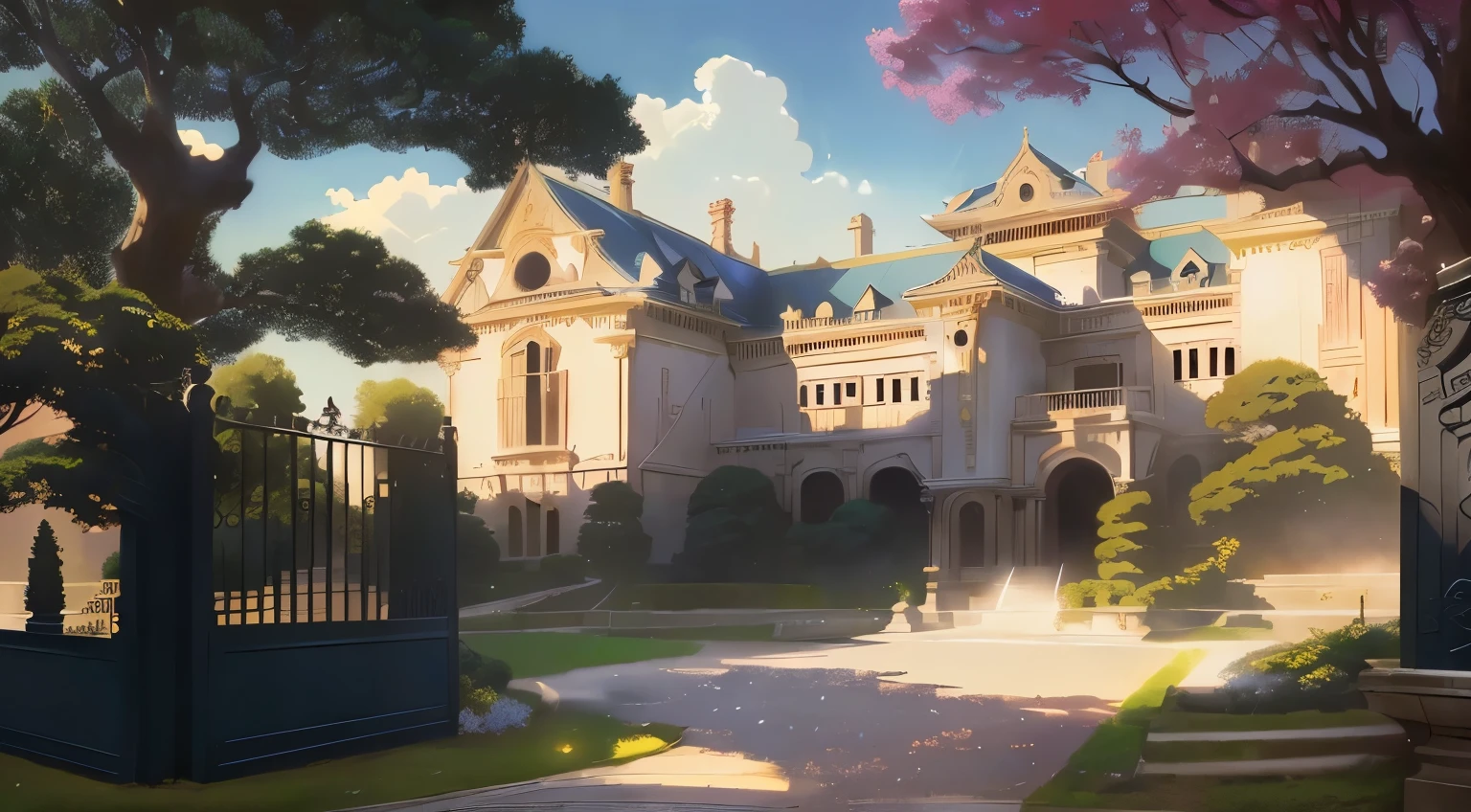 anime scene of a big mansion with gate and fountain, ross tran. scenic background, anime arte de fundo, anime scenery concept art, high school background, arte de fundo, palace background, trends on artstation pixiv, loish e wlop, headquarters of the art station”, Makoto Shinkai e Tom Bagshaw, estilo rob rey e kentaro miura, arte de fundowork