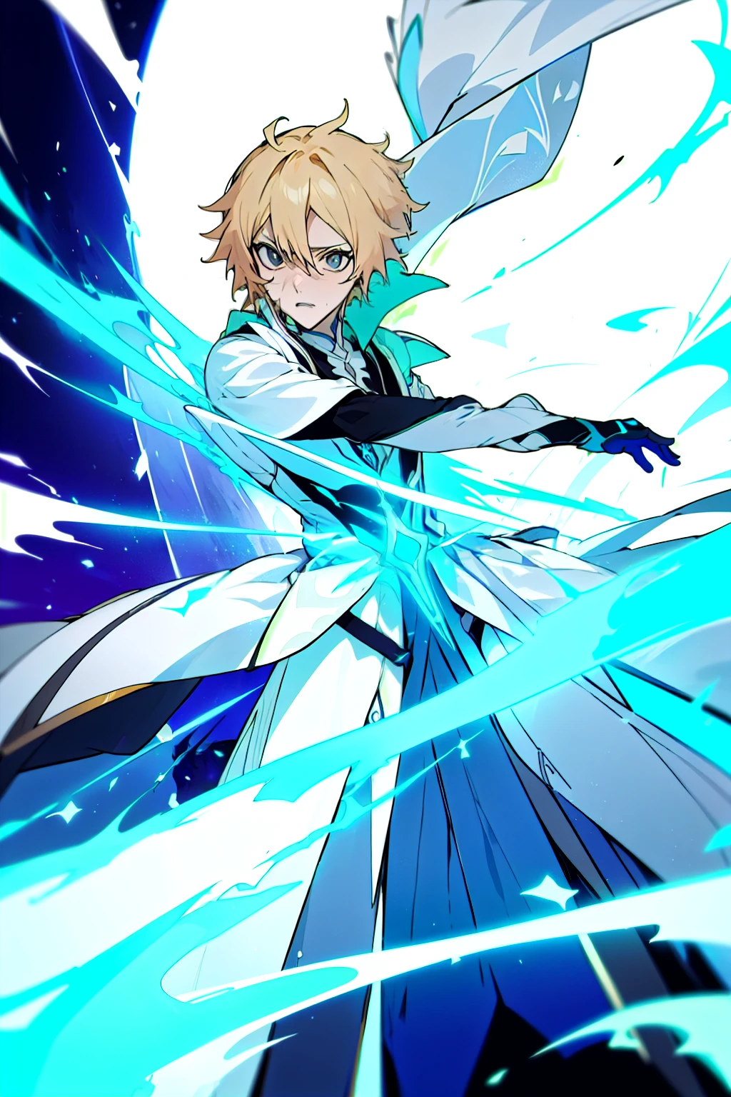 Alhaitham(Genshin Impact)usando a roupa de jugram haschwalth(Bleach)enquanto segura um arco de energia azul