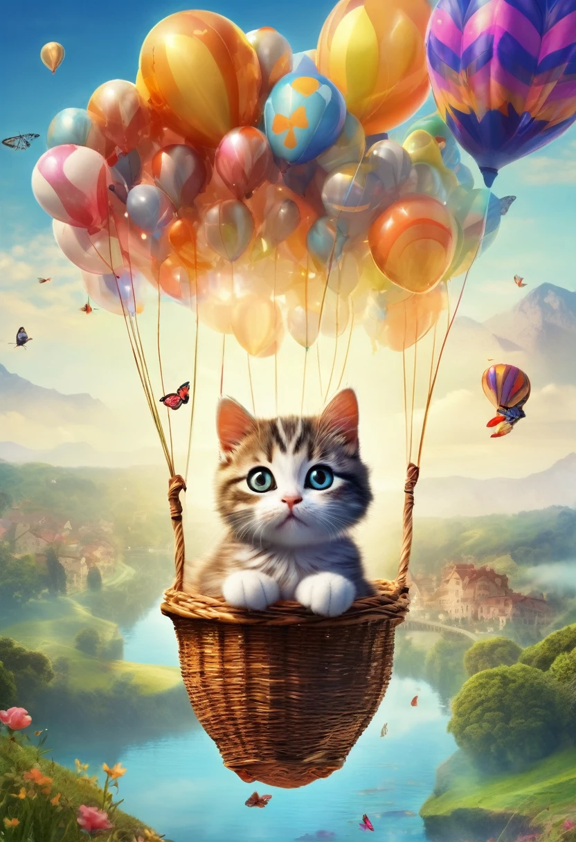 "(best quality,highres:1.2),(realistic:1.37),(magical, idyllic) general shot, cute and tender cat,(floating on a balloon:1.7), trying to catch a butterfly,(extremely detailed),(charming),(enchanting),sun-drenched scenery, dreamlike atmosphere,vibrant colors, soft lighting, whimsical elements"