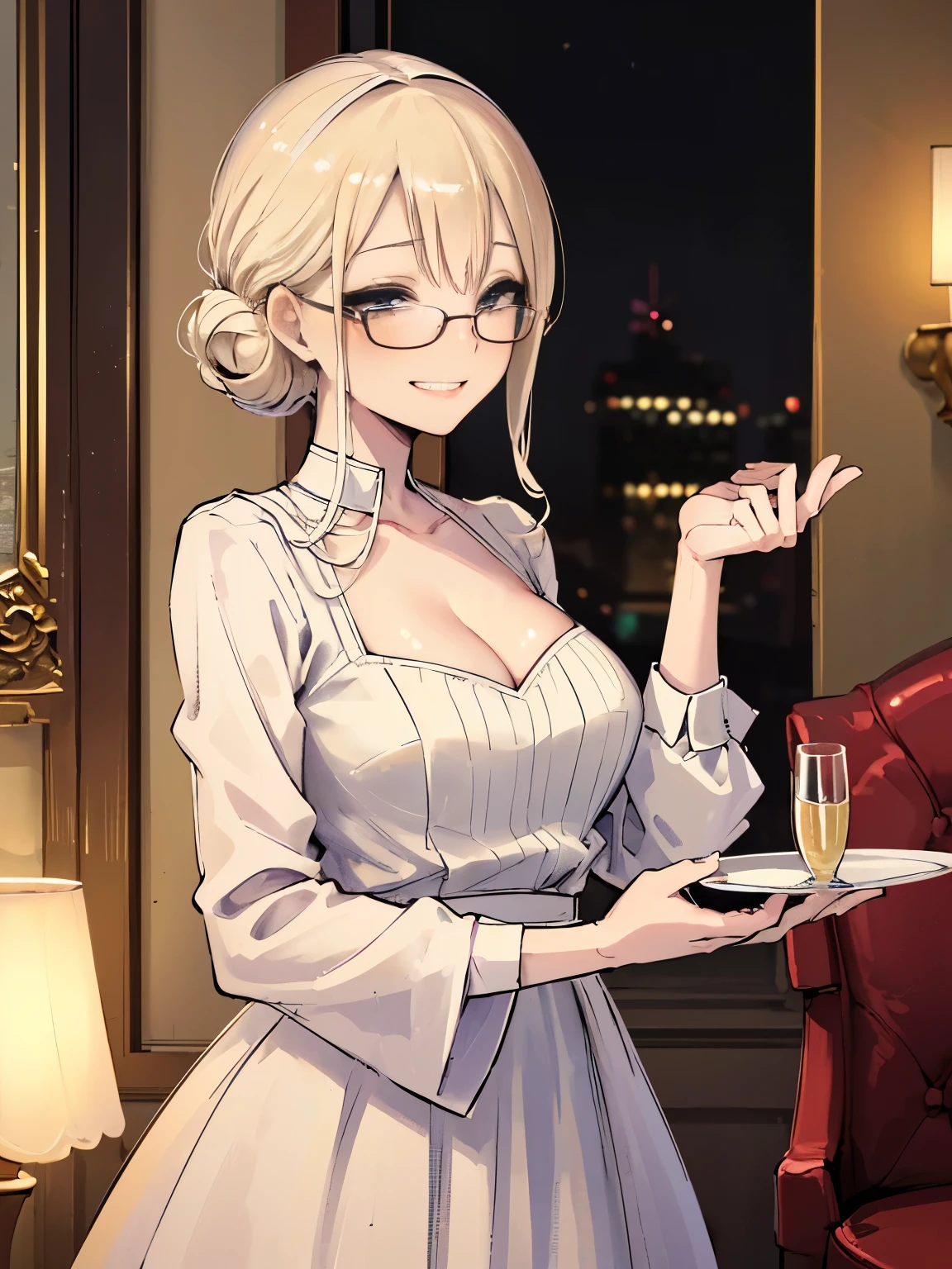 (8k、Best image quality、highest quality、masterpiece)、Detailed face、((A dimly lit interior and a glamorous girl ))、Blonde with blue layers、shiny bright blue eyes、Wicked Smile、((Grin))、((Big Breasts、Big cleavage))、White shirt and pleated skirt、((Hostess、Nightclub、White clothes、accessories))、Cowboy Shot、Cabaret Club、Girls Bar、Japanese Cabaret Club Background、(Someone knowledgeable、Shiny skin、Oily skin)、Written background、Large red leather sofa、Small glass table、Champagne glasses、Champagne bottle、Champagne Tower、Drunken girl、Adult female、21 year old gal、Thin face、Cute smile、Bitch Gal