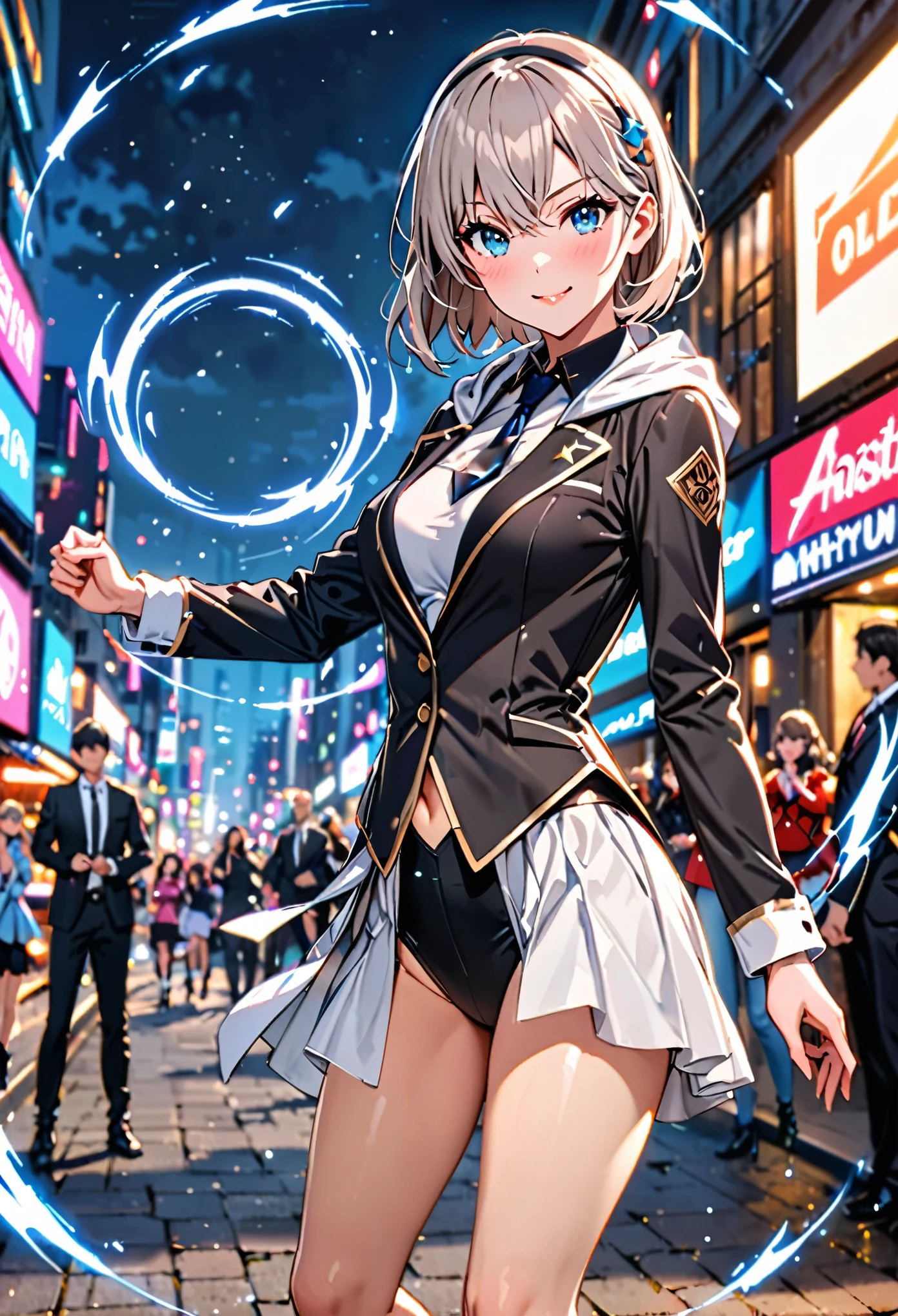 masterpiece, highest quality, high resolution, 1 girl, gray hair, short hair, blue eyes, medium breasts, OL, tie, black suit, leotard, bare legs, outdoor,Idol Master,,anastasia,Knee-high boots,pants suit,fighting pose,) (masterpiece:1.3),(very detailed:1.3),(High resolution:1.1),highest quality,Super detailed,1 girl,alone,cm,hoodie,pants,looking at the viewer,smile,blush,she spins at an incredible speed,creating a whirlwind of air around her.