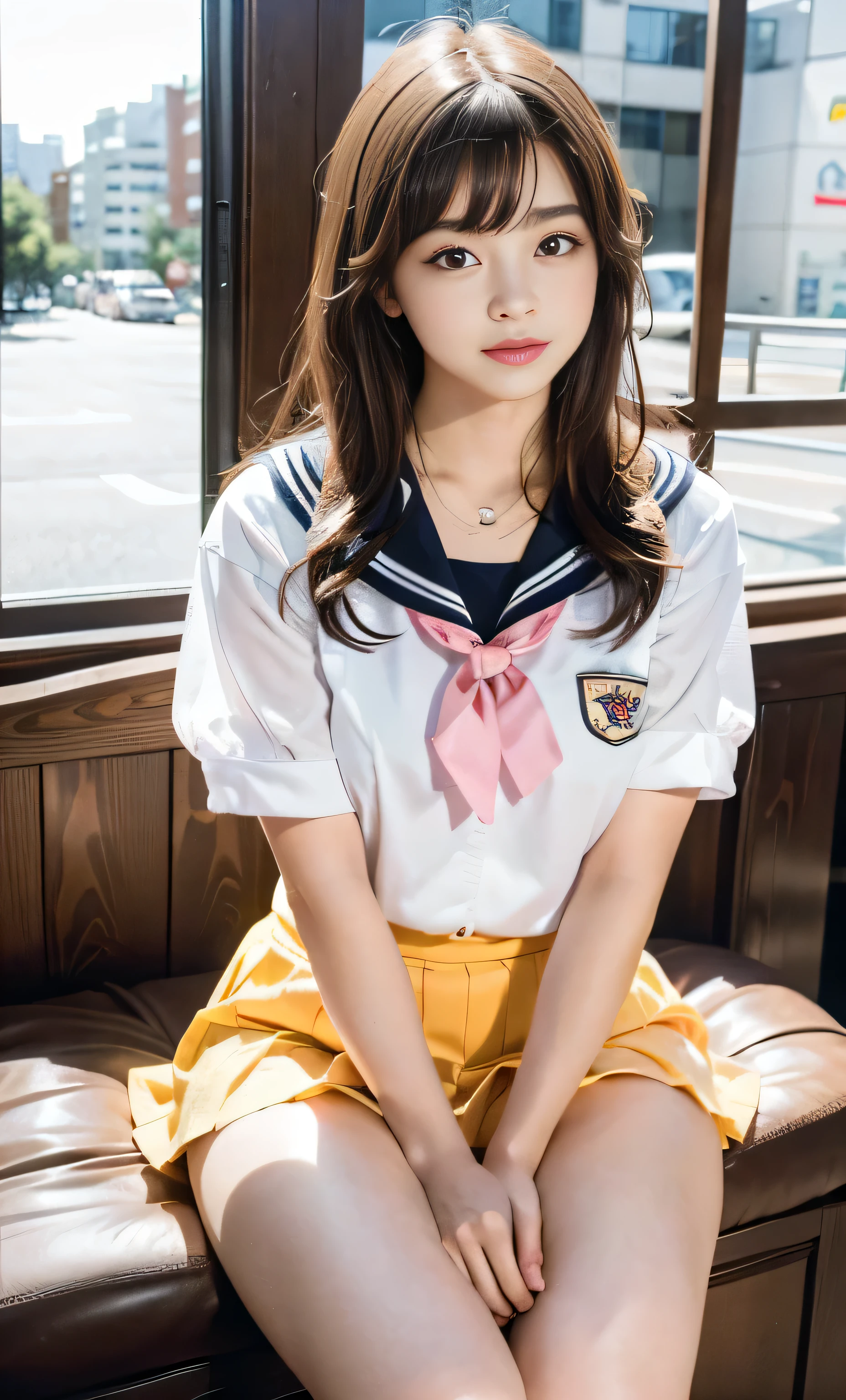 (8k, RAW Photos, Realistic:1.25) ,( Lip gloss, eyelash, Shining Face, Glowing Skin, highest quality, Ultra-high resolution, Written boundary depth, chromatic aberration, Caustics, Wide-area lighting, Natural Shading,K-POPアイドル) She looks calmly at the viewer., Happiness like a goddess., High school classroom, Sailor suit, mini skirt
