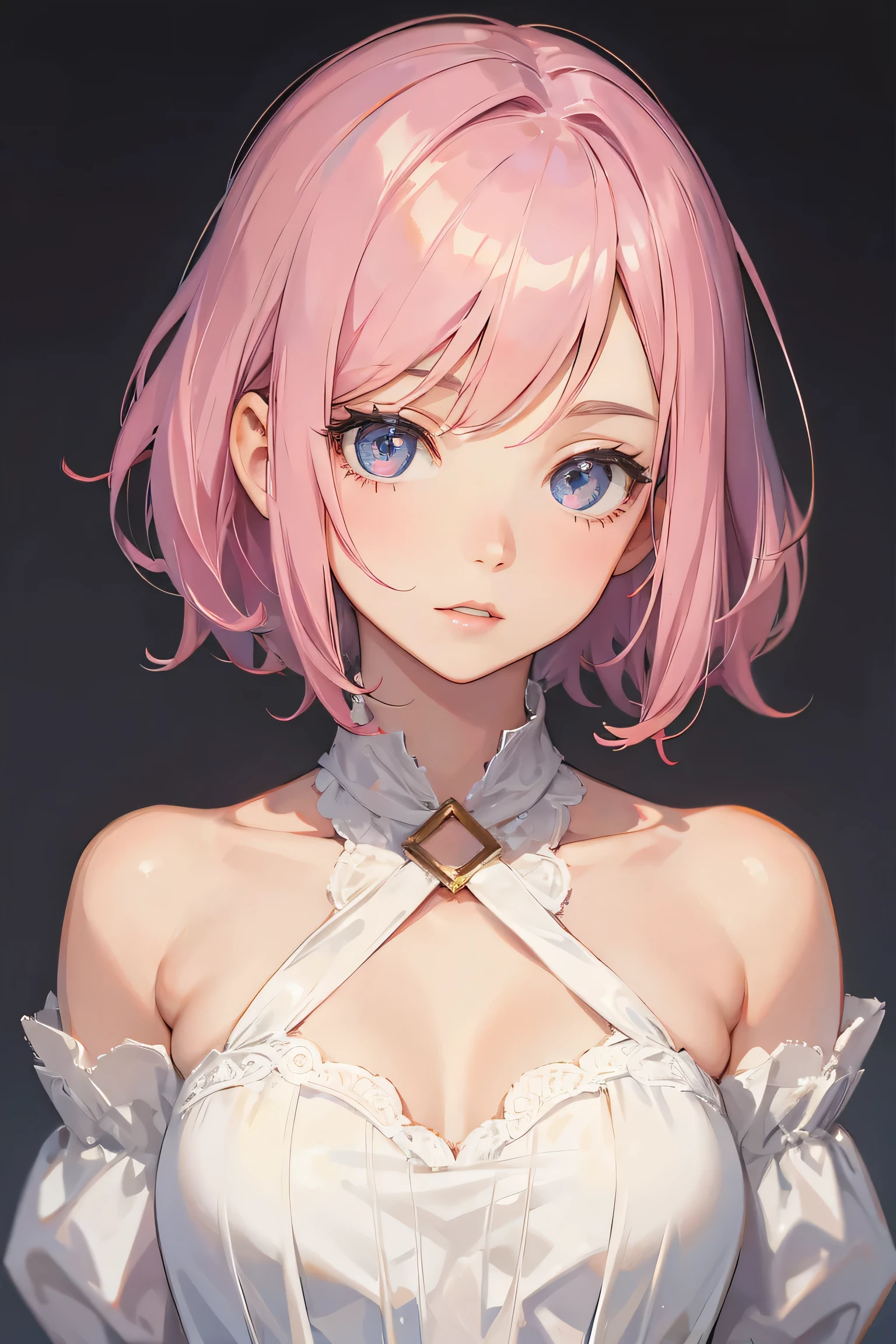 woman, short light pink hair, short hair, (beautiful detailed lips), (best quality, ultra-detailed) dynamic, anime, bare front