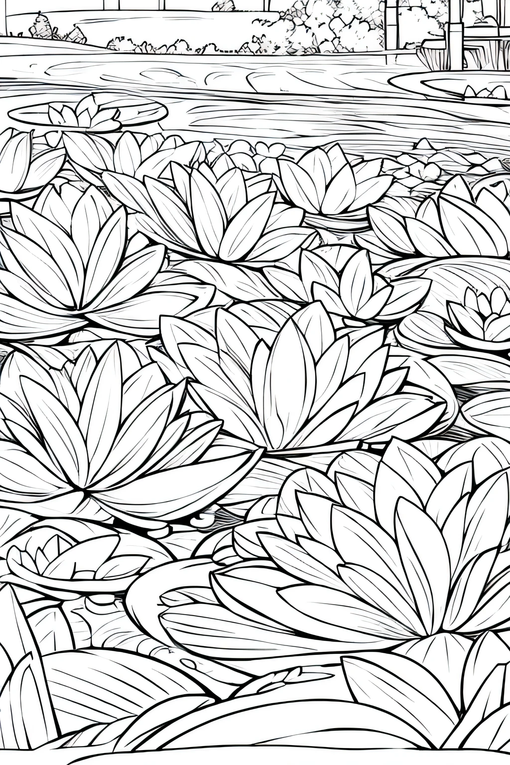 black and white, coloring page, lineart of A serene pond surrounded by water lilies in full bloom