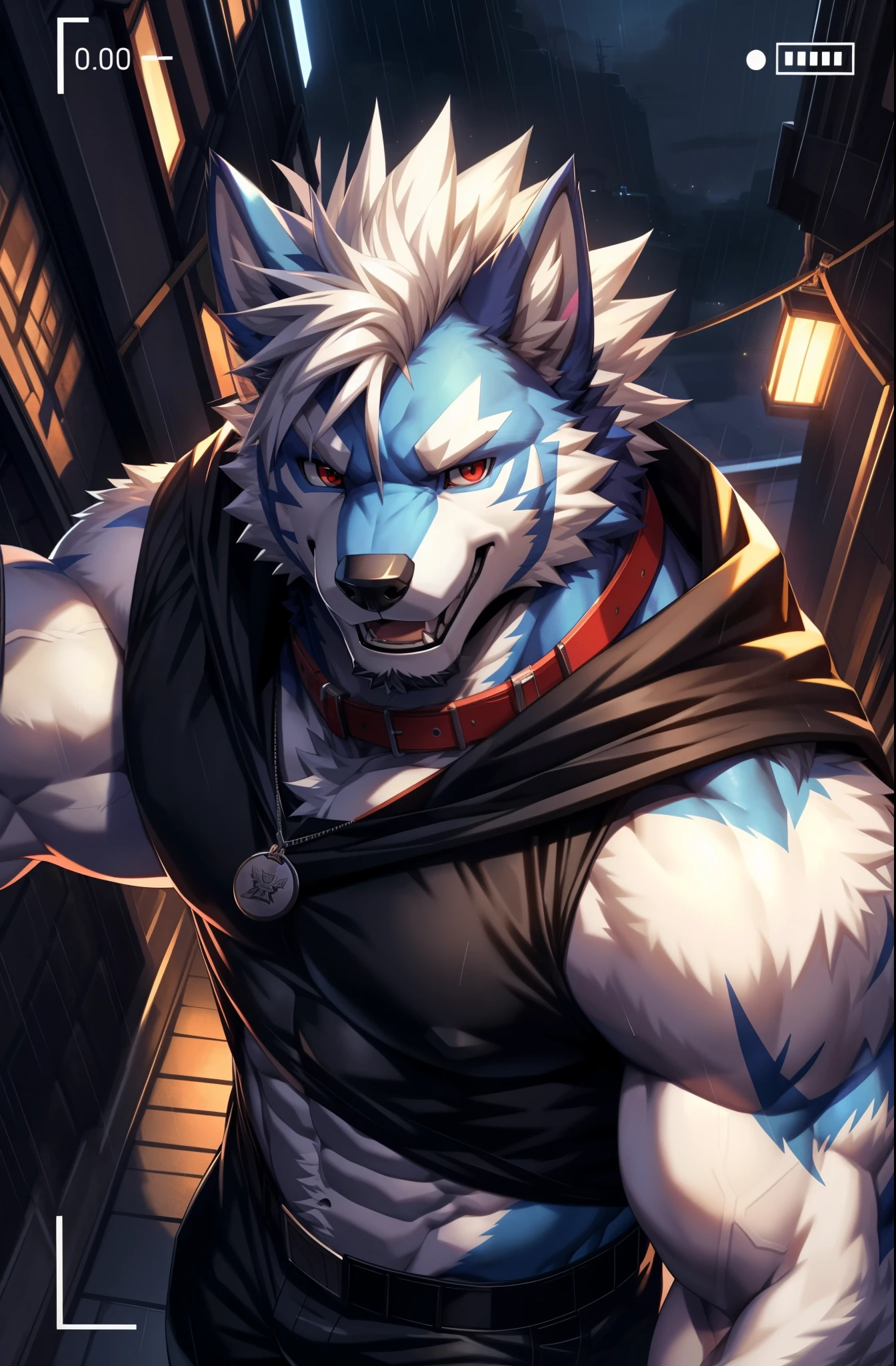 solo, anthro, furry, furry male, wolf, ((fluffy fur, fluffy, furry body)), (wolf print), red eyes, hair tuft, long hair, (light blue body, blue body, muscles), wolf tail, ((white hair, mohawk hair)), (white muzzle, white forearms), Camera Recording POV, Camera POV, security footage pov, detailed fluffy fur, detailed face, detailed eyes, black cloak, black cloak covering whole body, cloak over body,  black tank top, skintight bodysuit, smaller arms (full body, round ass, fluffy ass, Red LED glowing collar), cyberpunk, valorant,(by DRKS, by raccoon21, by Sollyz, by null-ghost, masterpiece, high quality,hi res,8k hd), close-view portrait, looking at viewer, night, bleeding, outdoors, dark alleyway, ruined city, cute face, open mouth, teeth, detailed teeth, grinning expression, raining, dreary night, camera view angled from above, heavy shadows, athletic build,