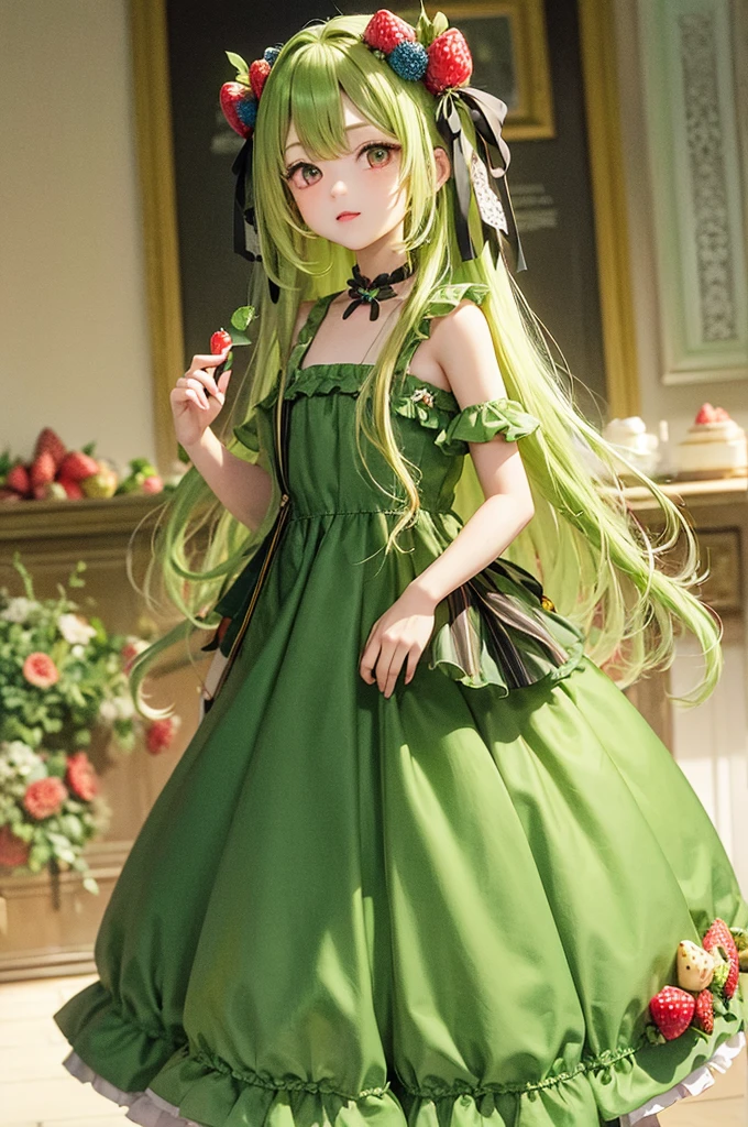 Yellow-green hair　Wavy Long Hair　Strawberry hair ornament　Red Eyes　Yellow and green frilly dress　Girl Cake
