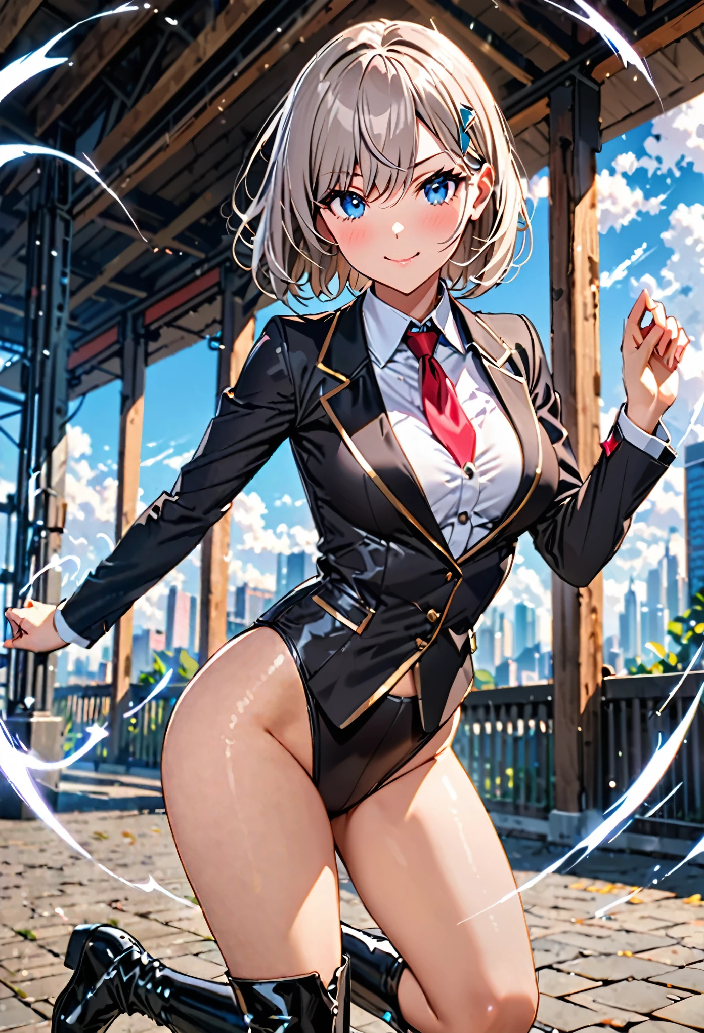masterpiece, highest quality, high resolution, 1 girl, gray hair, short hair, blue eyes, medium breasts, OL, tie, black suit, leotard, bare legs, outdoor,Idol Master,,anastasia,Knee-high boots,pants suit,fighting pose,) (masterpiece:1.3),(very detailed:1.3),(High resolution:1.1),highest quality,Super detailed,1 girl,alone,cm,hoodie,looking at the viewer,smile,blush,(she spins at an incredible speed,creating a whirlwind of air around her).