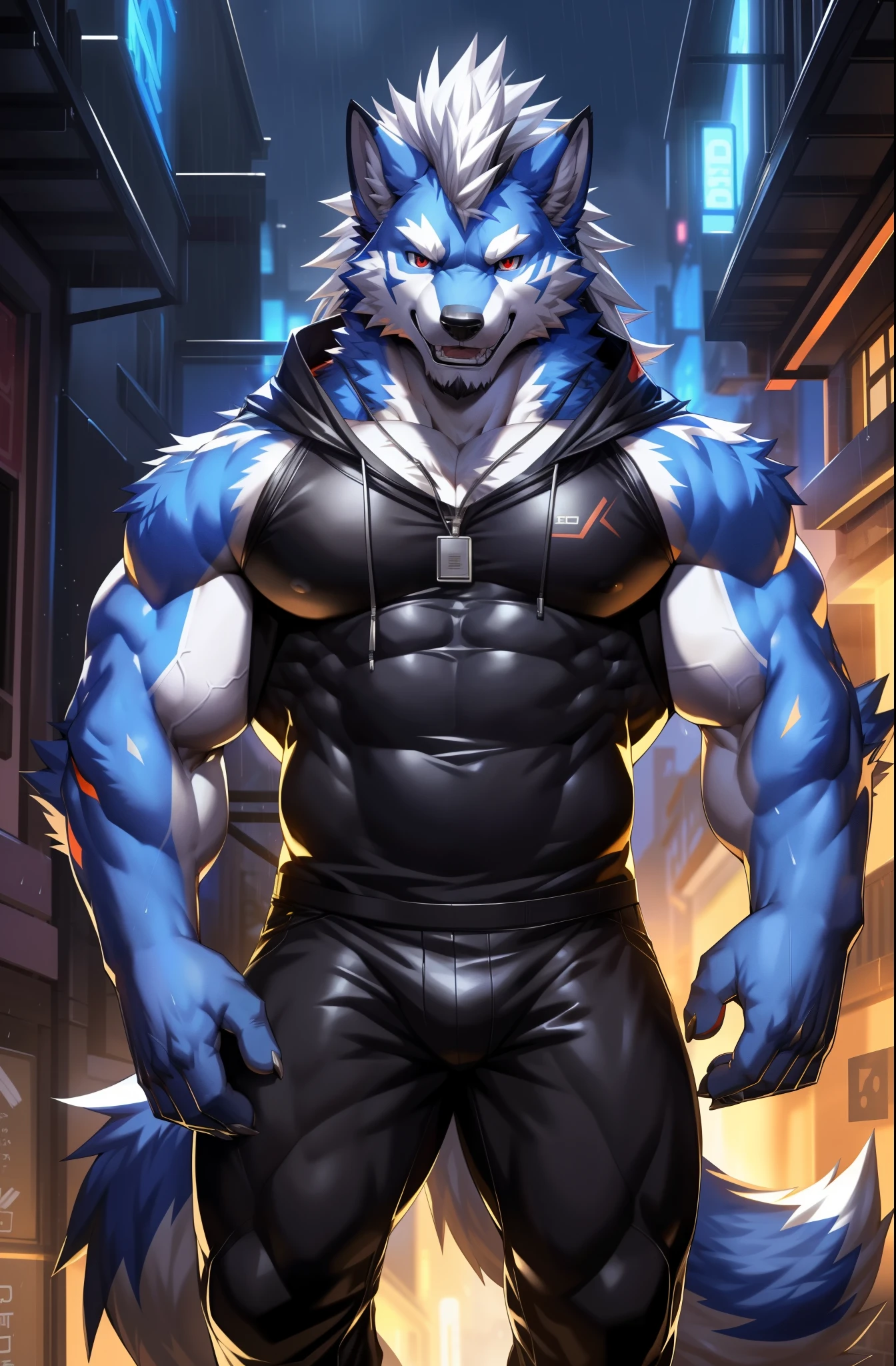 coyote，Furry，Blue pattern，Black hair，musculature，Muscle men，（nakeness），Strong，ultraclear，Has a large ，Collar，Black  shorts，Black sclera，red pupils，Abs，Red coat，Heterochromic pupils，Huge pectoral muscles，Strong