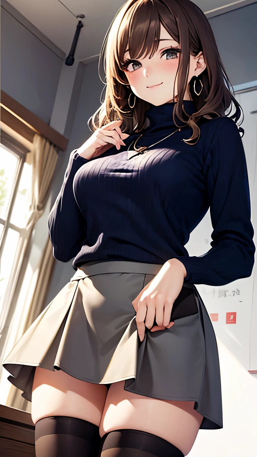 (Tabletop, highest quality, High resolution, , Perfect Pixel, 4K,), 1 girl, single, alone, Beautiful woman、I could see the whole body、 ((Wavy mid-hair, bangs, Brown Hair)), ((Brown eyes, Beautiful eyelashes, Realistic eyes)), ((Detailed face, blush:1.2)), ((Smooth texture:0.75, Realistic texture:0.65, Realistic:1.1, Anime CG Style)), Medium chest, Dynamic Angle, Perfect body, ((, female teacher, , Earrings、necklace、Turtleneck sweater、Dark blue flared skirt、Black knee-high stockings、、、A shy smile)), Superior、、、evening、、Bring your arms together to emphasize your chest、Leaning forward、Angle from below)、