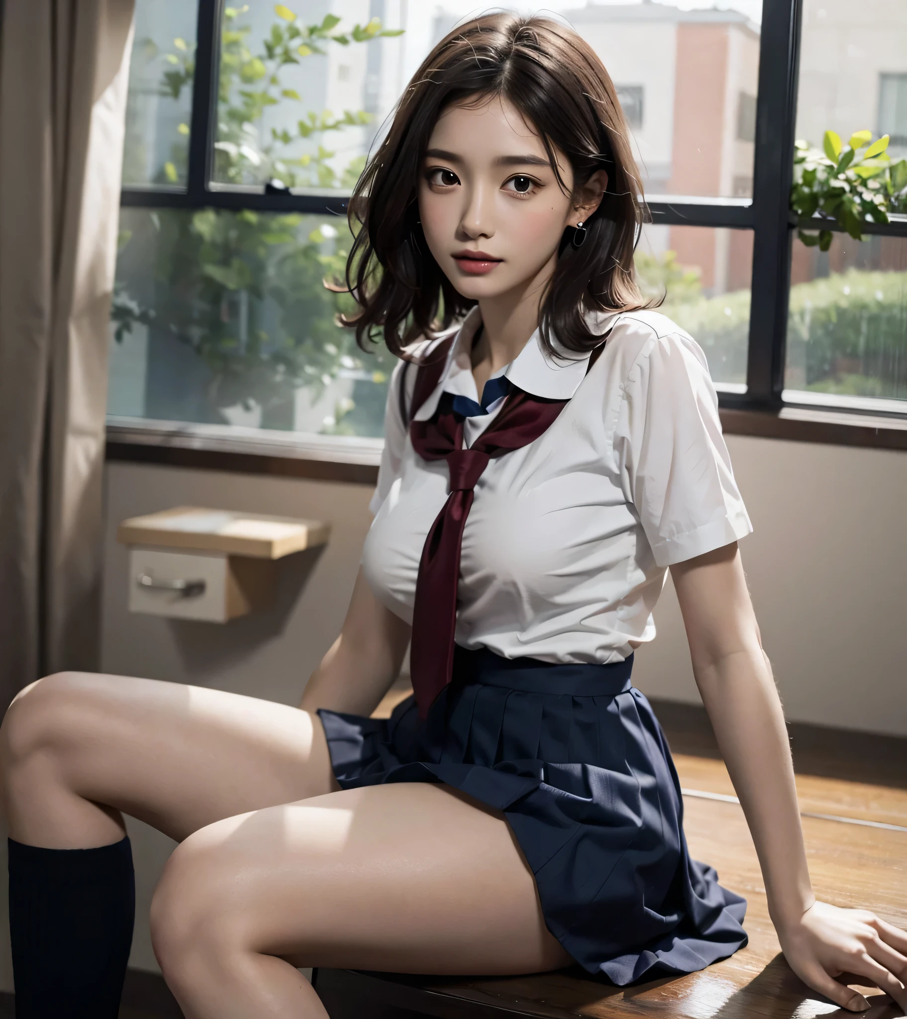 absurdres, RAW photo, extremely delicate and beautiful, masterpiece, Best Quality, ultra high resolution, 32k, hyperrealistic, ultra-detailed, perfect anatomy, perfect figure, super Detailed skin, 30 years old, very Slim body, narrow waist, very small head, very small face, delicate facial features, tearful mole, earring, thin legs, (very huge round breasts:1.2), (full body shot), short medium hair, (wavy hair:1.2), wet clothes, (school uniform:1.3),