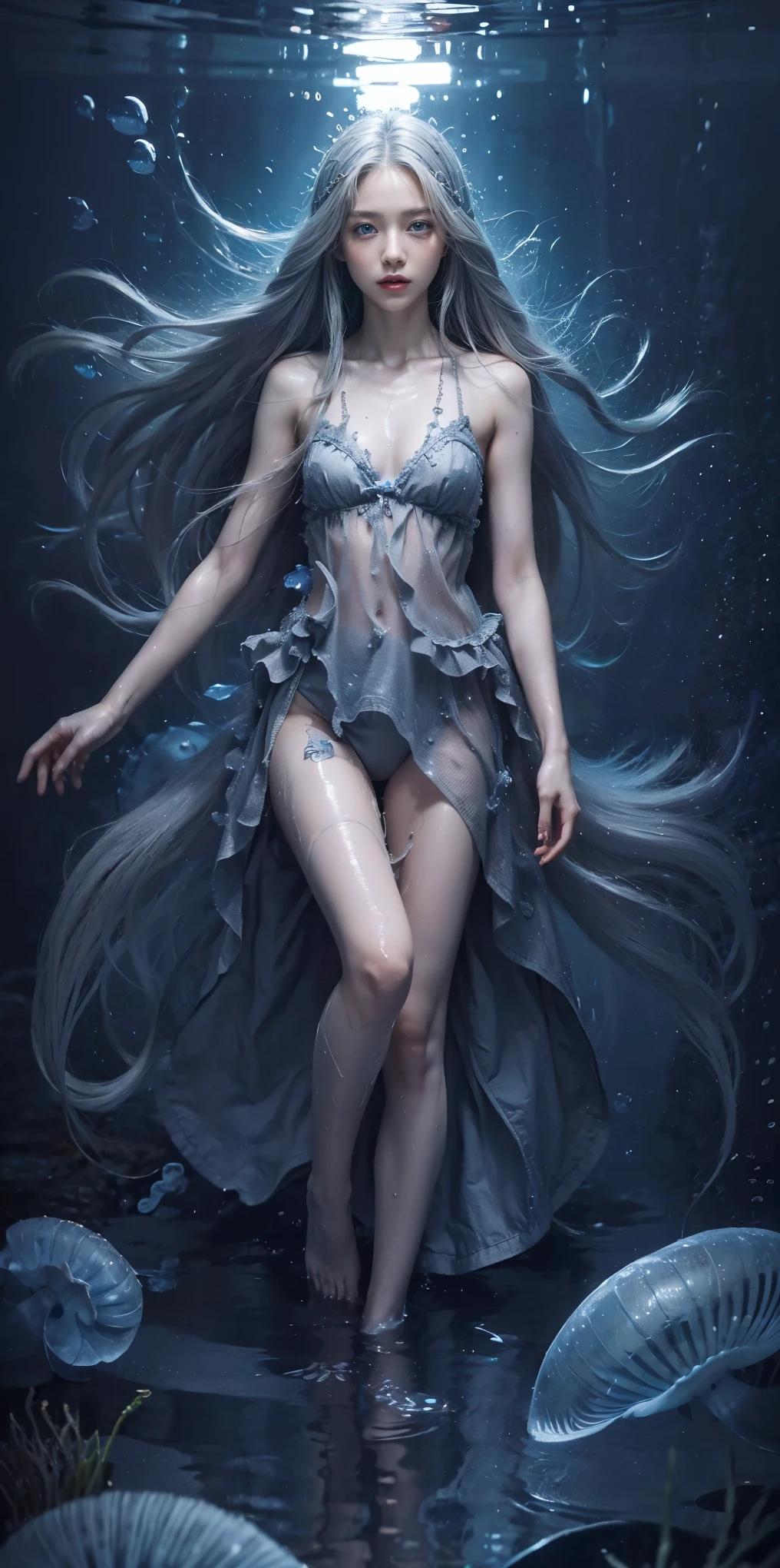 (muste piece), (best quality), very detailed, 1 girl, Solo Full Body Shot, perfect face, beautiful girl, very detailed顔,(long gray hair:1.5),(blue eyes:1.4),(float:1.4),(in water:1.4),seabed,bubble,School of small fish,Light,jellyfish,seaweed,Red fish,Yellow fish,deep sea,fantasy