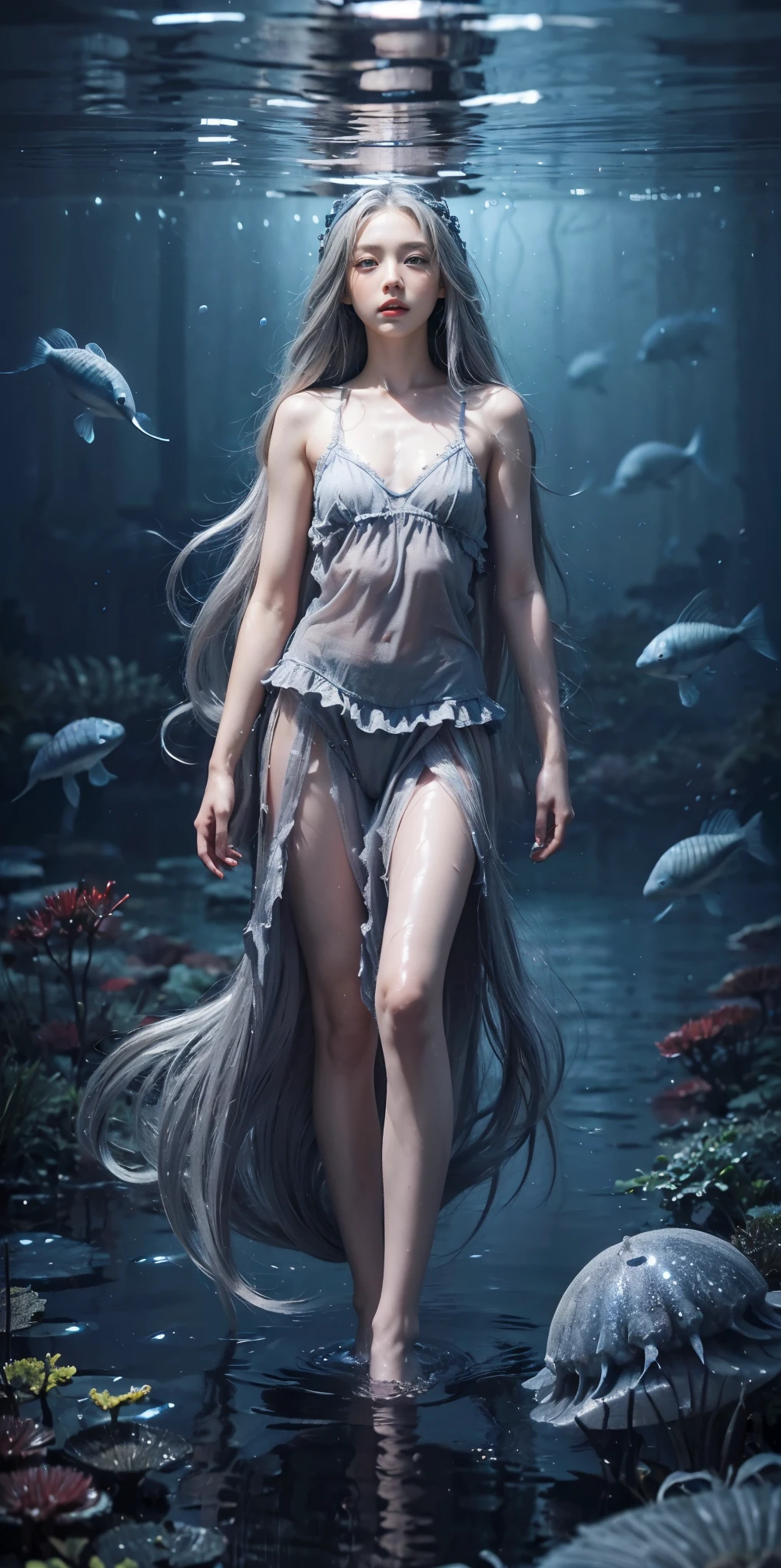 (muste piece), (best quality), very detailed, 1 girl, Solo Full Body Shot, perfect face, beautiful girl, very detailed顔,(long gray hair:1.5),(blue eyes:1.4),(float:1.4),(in water:1.4),seabed,bubble,School of small fish,Light,jellyfish,seaweed,Red fish,Yellow fish,deep sea,fantasy