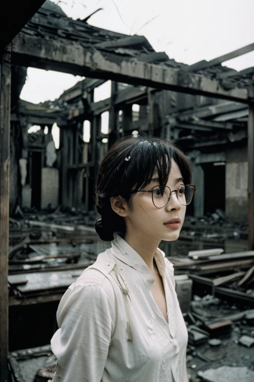 Showa,Collapse,Devastation,Inside the ruins,Glasses,Women,adventure,Black and White,