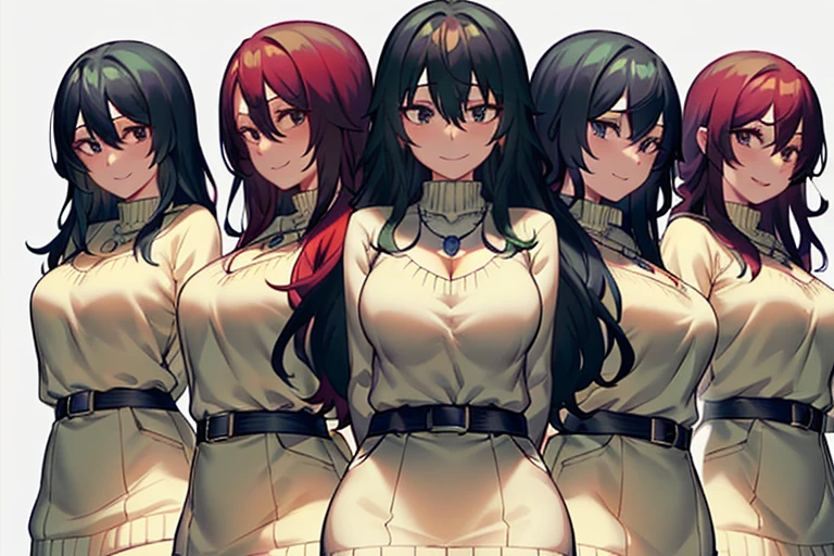 setsuna tokage, 5girls, quintet, long hair, breasts, looking at viewer, smile, large breasts, simple background, black hair, white background, dress, hair between eyes, jewelry, red hair, belt, necklace, grin, blue eyes, sweater, bags under eyes, sweater dress, quintuplets, clones