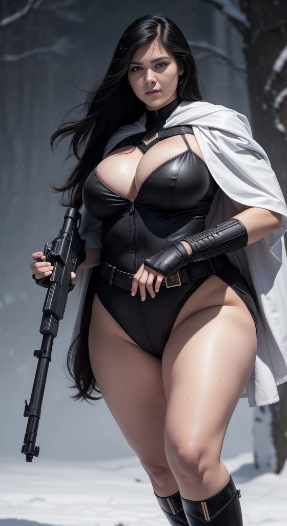 Photorealistic, high resolution, Beautiful tall woman, Solo, view the viewer, (Detailed face),Black color hair, long whitr hair, White cape costume, Snow background, Girl aiming AK-47 assault rifle(chubby:1.2), (huge breasts:1.2),