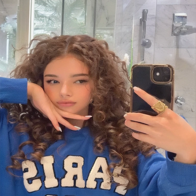 arafed woman with cabelo encaracolado taking a selfie in a bathroom, brown cabelo encaracolado, cabelo castanho encaracolado, cabelo cacheado cor de cobre, with long cabelo encaracolado, Retrato de Sophie Mudd, seu rosto emoldurado por cachos, cabelo encaracoladoed, cabelo encaracolado, corte de cabelo cacheado com parte do meio, long messy cabelo encaracolado, long cabelo castanho encaracolado, cabelo loiro muito cacheado, long brown puffy cabelo encaracolado