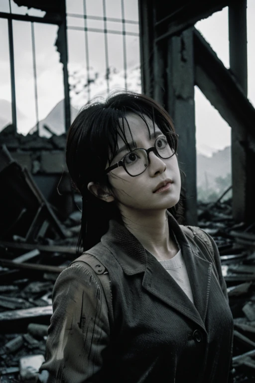 Showa,Collapse,Devastation,Inside the ruins,Glasses,Women,adventure,Black and White,