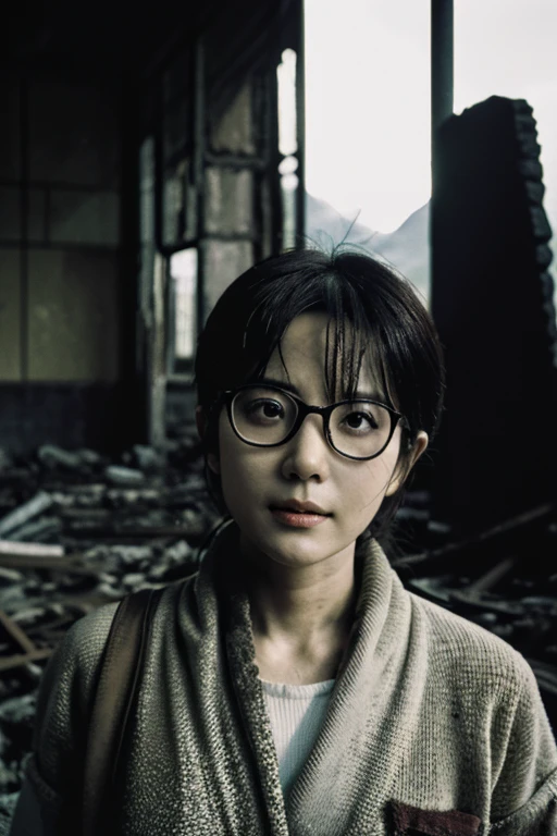 Showa,Collapse,Devastation,Inside the ruins,Glasses,Women,adventure,Black and White,