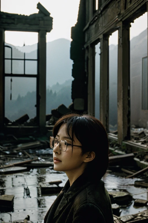 Showa,Collapse,Devastation,Inside the ruins,Glasses,Women,adventure,Black and White,