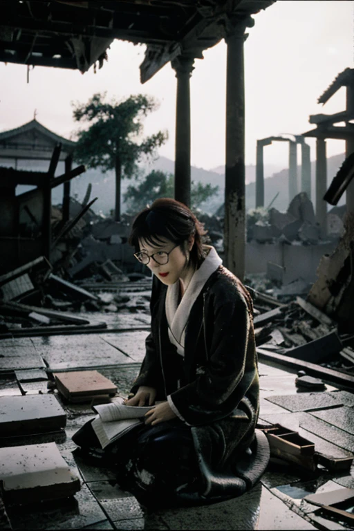 Showa,Collapse,Devastation,Inside the ruins,Glasses,Women,adventure,Black and White,