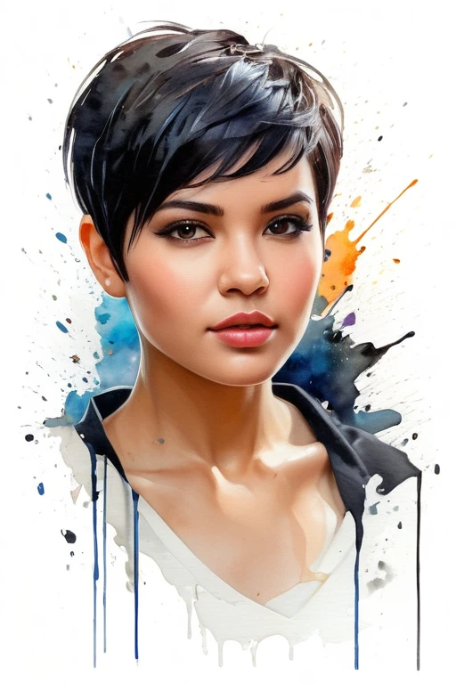 Portrait of a young woman, full sticker view of a full body image of a beautiful young woman, very detailed beautiful face, short pixie-cut, black hair color freedom, splash of color, white background blank canvas, soul, digital illustration, approaching perfection, dynamic, highly detailed, watercolor painting, artstation, concept art, soft, soft, sharp focus, illustration in the style of artists such as Russ Mills, Sakimichan, Wlop, Loish, Artgerm, Darek Zabrocki, Jean-Baptiste Monge, 32k Ultra HD, high quality model,