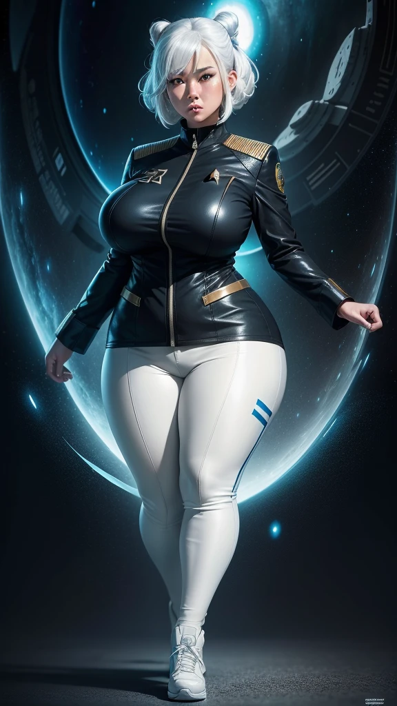 ONE (1) JAPANESE woman, ((sole)), PLUS SIZE CHUBBY, WHITE HAIR, WHITE HAIR, WEARING BLUE MAKEUP, Star Trek Style, sexy PLUS SIZE CHUBBY, MEDIUM BREASTS, wearing STAR TREK STYLE, BLACK JACKET with white parts LEATHER PANTS Star Trek style, perfectly proportions, Highly detailed image, Realistic style, perfect hands, inside the USS Enterprise-1701, star trek movie style by J. j. Abrams, wallpaper, (huge breasts:1.2),