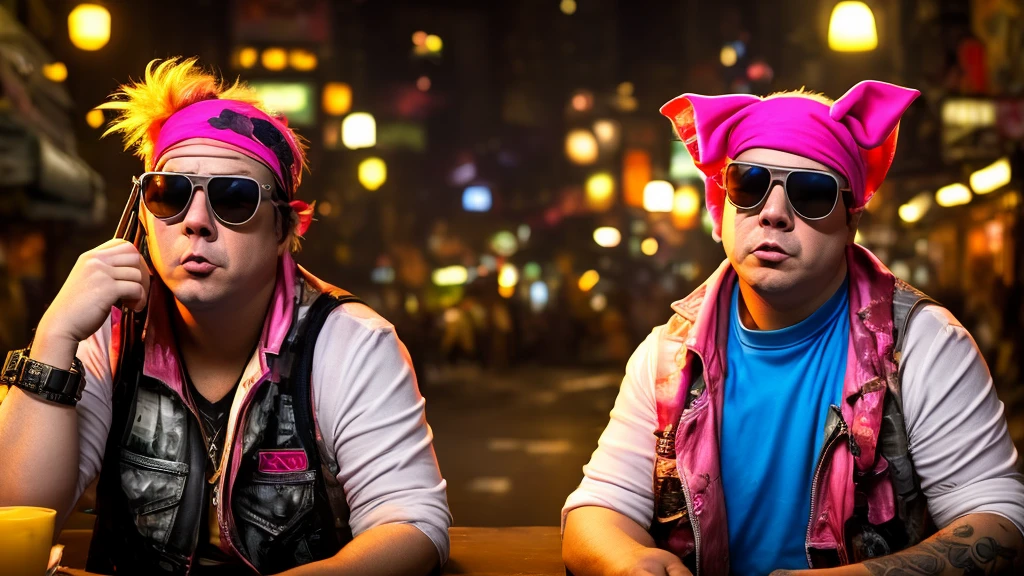 A comedian who is not popular with women, a pig-man, short, fat, sunglasses, bandana, cyberpunk 
