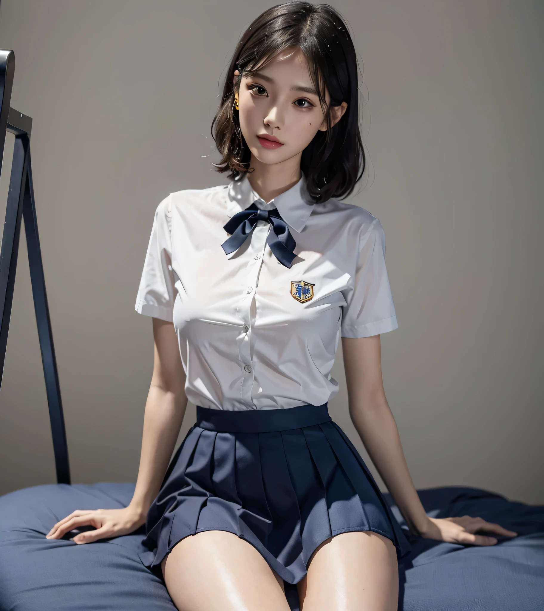 absurdres, RAW photo, extremely delicate and beautiful, masterpiece, Best Quality, ultra high resolution, 32k, hyperrealistic, ultra-detailed, perfect anatomy, perfect figure, super Detailed skin, 30 years old, very Slim body, narrow waist, very small head, very small face, delicate facial features, tearful mole, earring, thin legs, (very huge round breasts:1.2), (full body shot:1.2), short medium hair, (wavy hair:1.2), wet clothes, (school uniform:1.2),