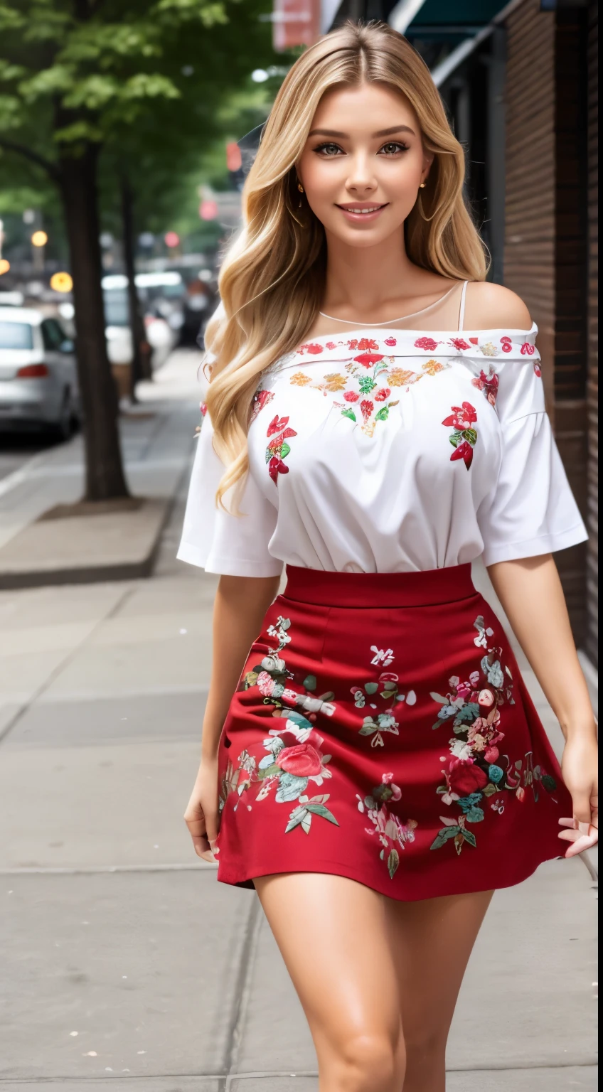 Foto hiperrealista en primer plano de Emily Sears , masterpiece, best quality, (photorealistic:1.4), full body, (red Floral covered neckline Camp Shirt:1.2), (red Pretty Bliss Cream Embroidered Fringe Midi Skirt:1.1), heels, on the street in New York, cinematic light, beautiful woman, skinny, large breasts, straight blond hair, detailed face, smile, jumping