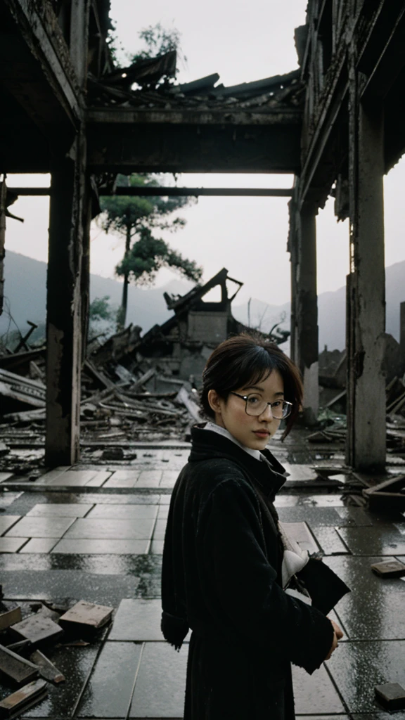 Showa,Collapse,Devastation,Inside the ruins,Glasses,Women,adventure,Black and White,