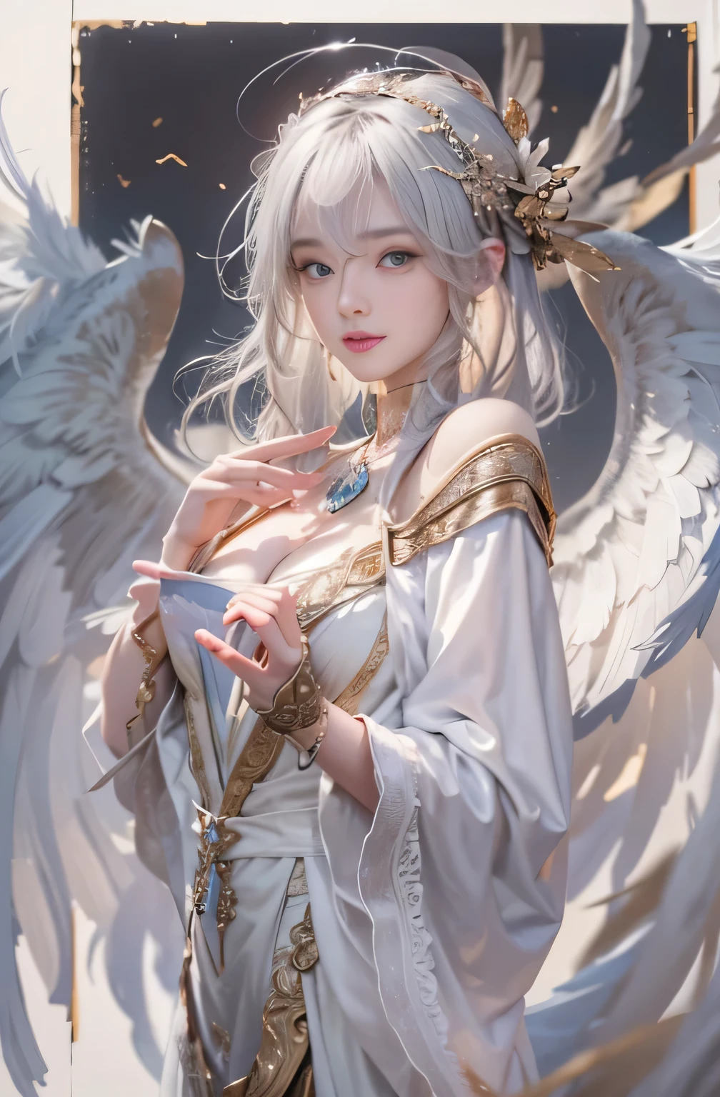 (masterpiece:1.3), (8k, Photorealistic, Raw photo, Best image quality: 1.4), Fair-skinned fairy woman、Long Haircut、Cleavage:2.0、Super detailed face、Attention to detail、double eyelid、Put your chest together、Sharp focus:1.2、Beautiful woman:1.4、Silvery white hair、highest quality、masterpiece、超A high resolution、(Photorealistic:1.4)、Highly detailed and professionally lit smile、Loose, light, Ancient Greek clothing、Shoulder out、thin、Serious expression、Short-haired、Deadly position, gorgeous accessories, one person、whole body, Huge brown wings from the latissimus dorsi、Above the Clouds