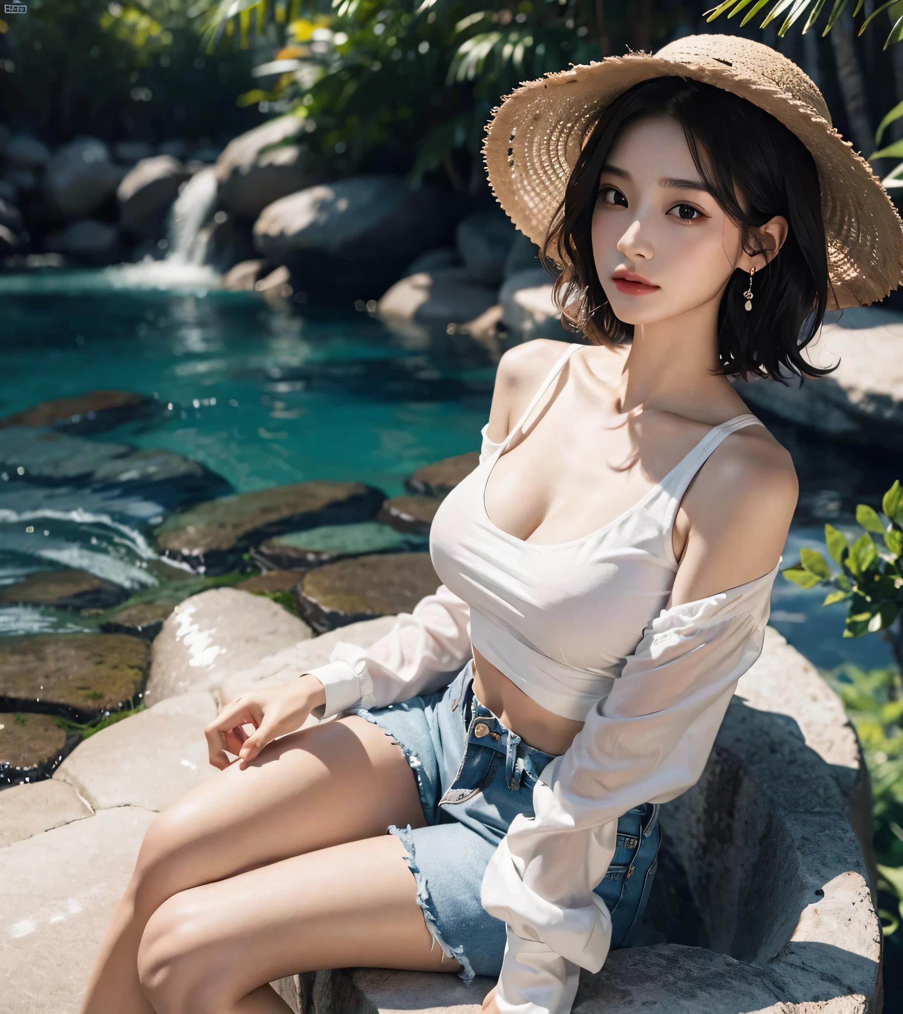 absurdres, RAW photo, extremely delicate and beautiful, masterpiece, Best Quality, ultra high resolution, 32k, hyperrealistic, ultra-detailed, (perfect anatomy:1.2), perfect figure, super Detailed skin, 30 years old, very Slim body, narrow waist, very small head, very small face, delicate facial features, tearful mole, earring, thin legs, (very huge round breasts:1.3), (full body shot:1.2), short medium hair, (wavy hair:1.2), wet clothes, Flower straw hat, White top, denim short,